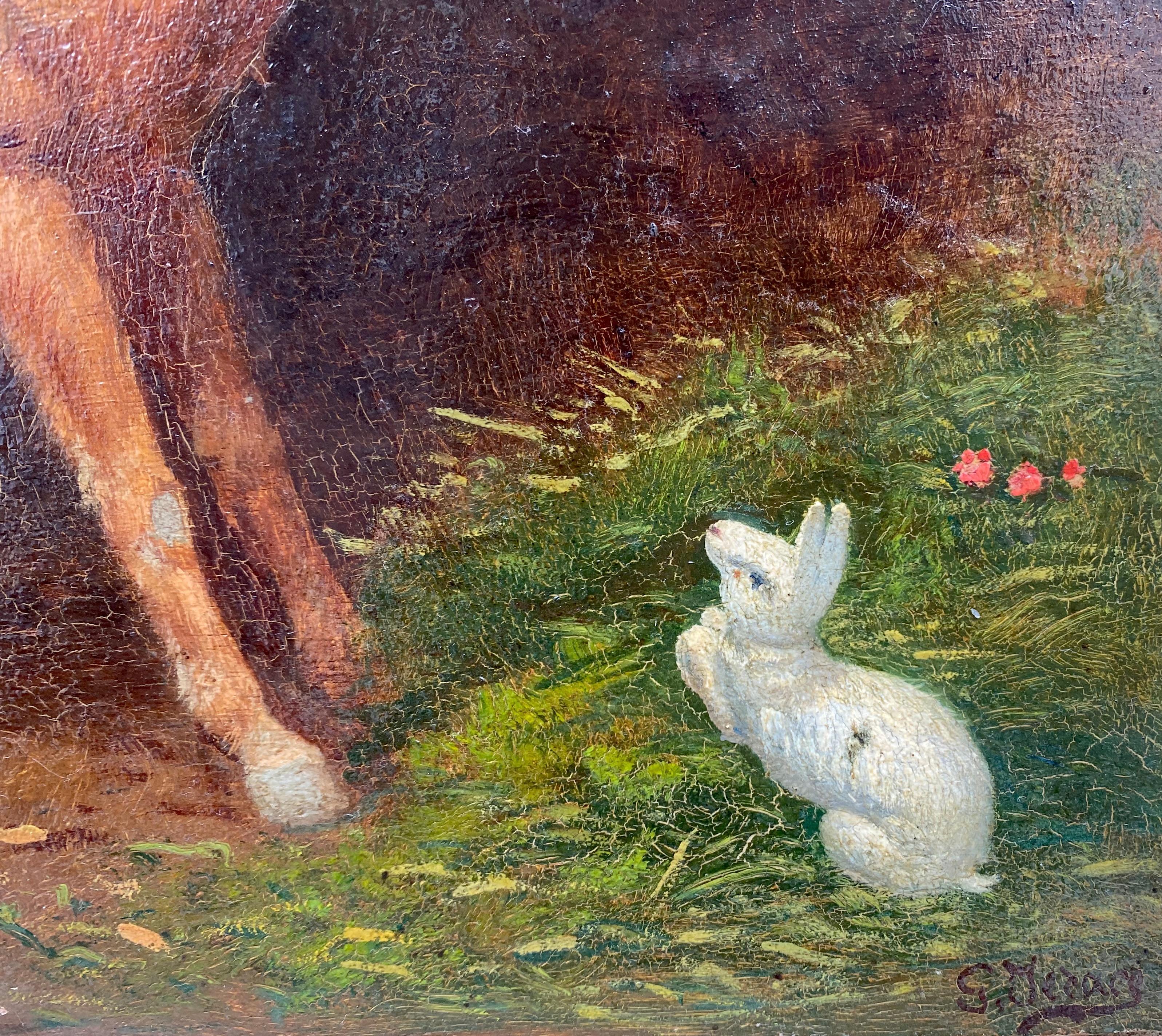 Petite mule et lapin blanc : peinture animalière équestre des années 1890 Novecento - Marron Animal Painting par Gaetano Jerace
