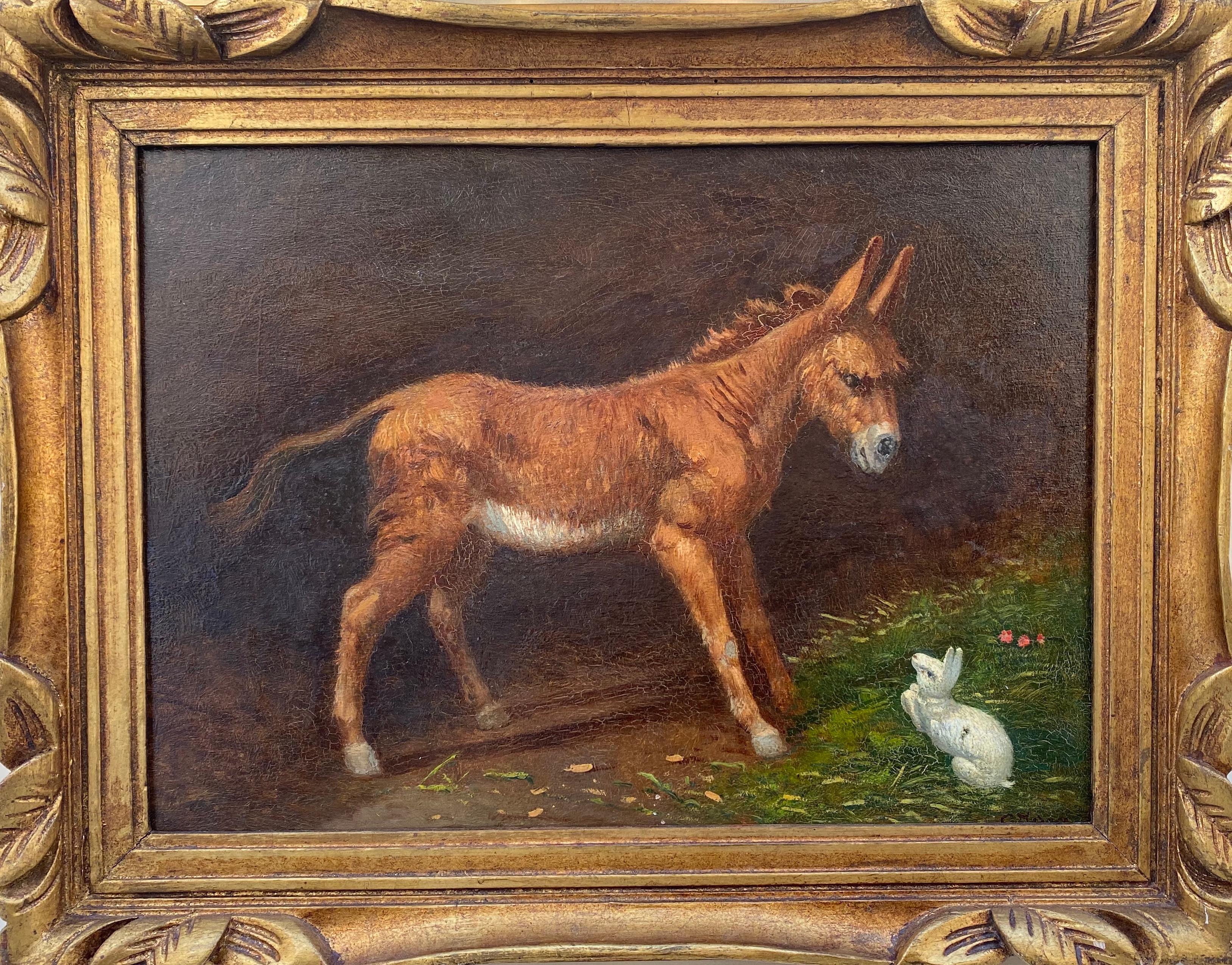 Animal Painting Gaetano Jerace - Petite mule et lapin blanc : peinture animalière équestre des années 1890 Novecento