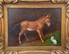 Antique Little Mule and white rabbit: 1890s novecento animal equestrian horse painting