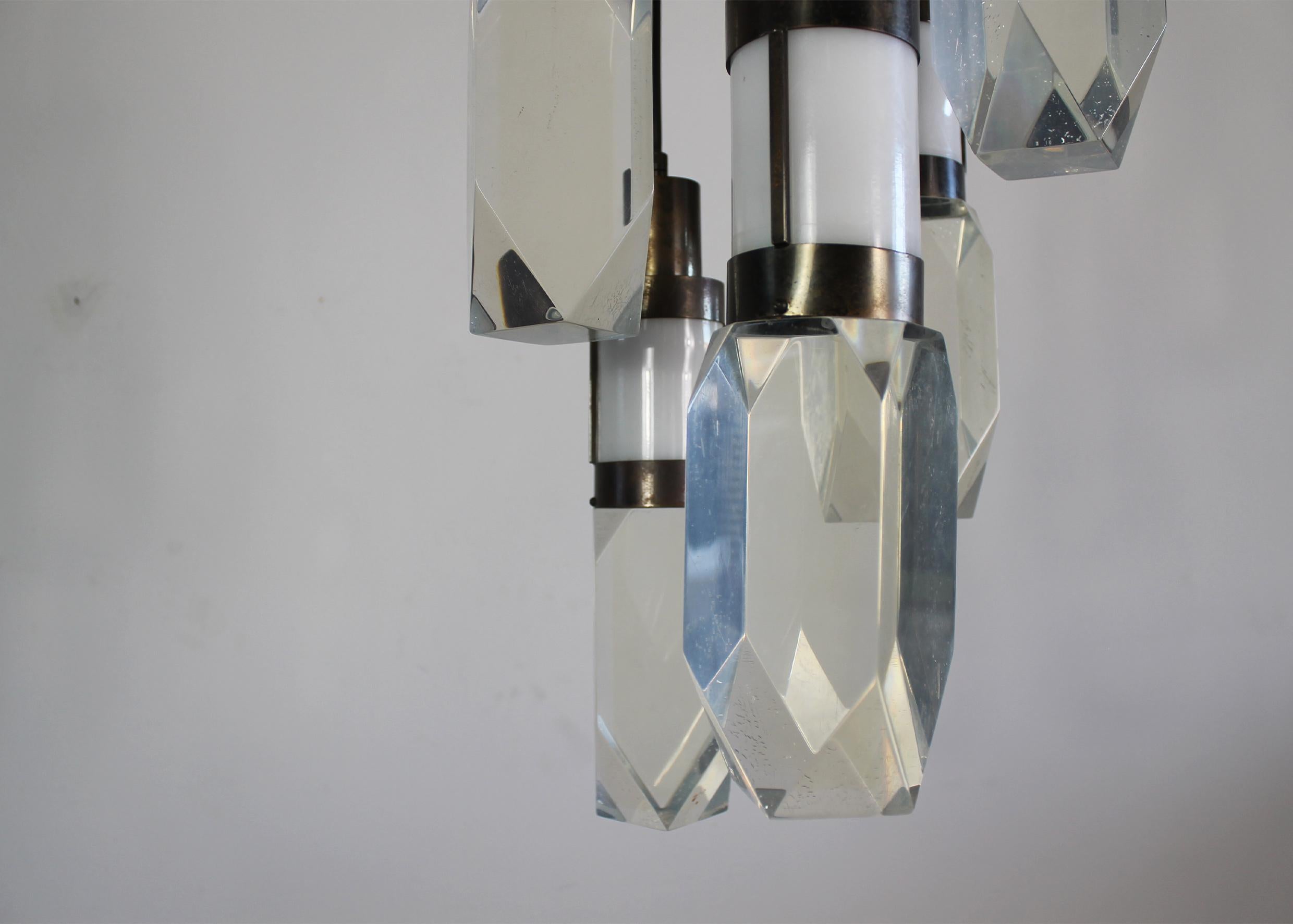 Italian Gaetano Missaglia Ceiling Lamp with Lampshades in Lucite Plexiglass 1970s Italy For Sale