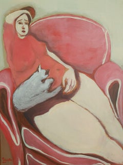 Portrait of woman on sofa with cat, Painting, Oil on Canvas