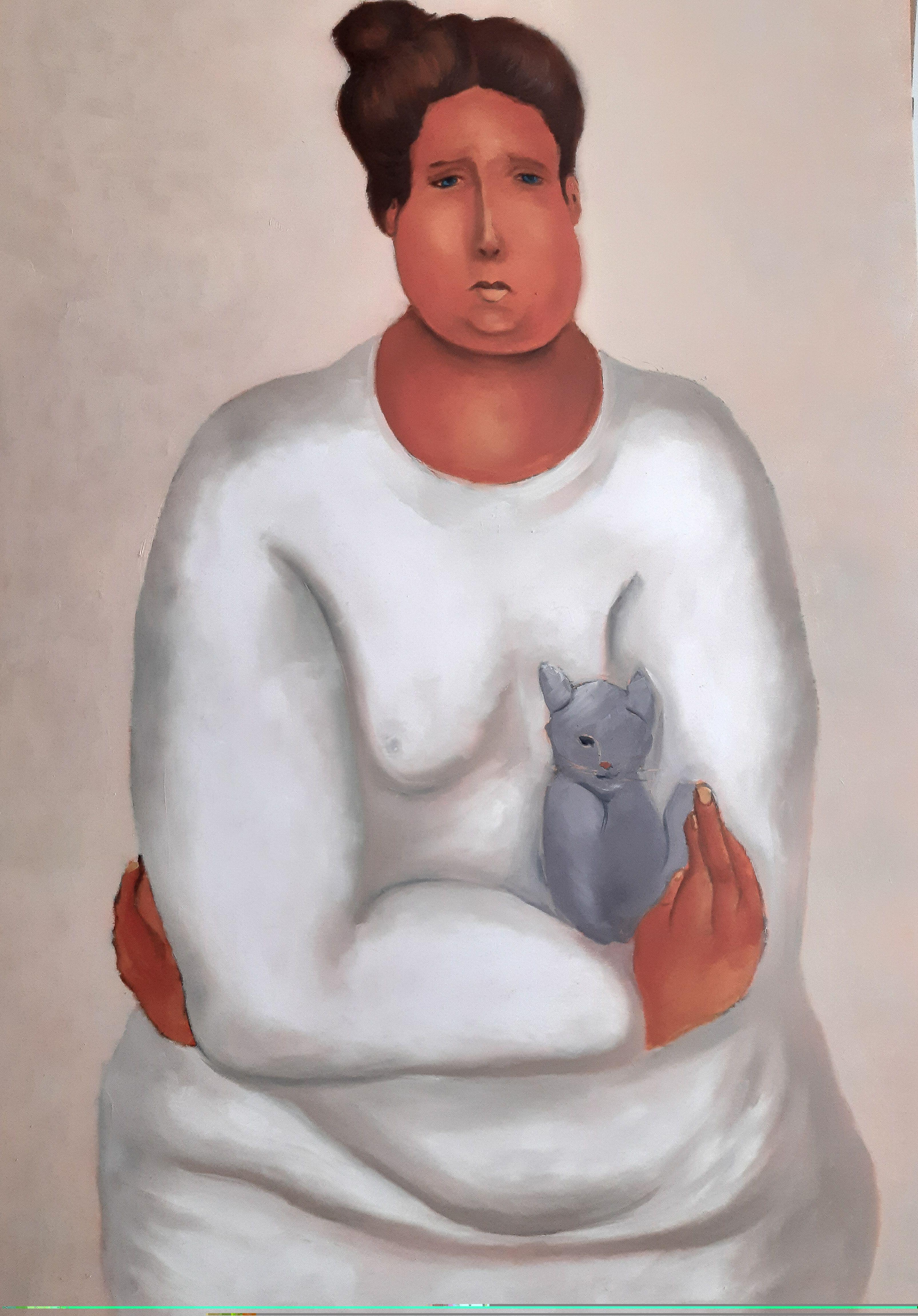 In this painting the artist seeks a balance between the vitality and roundness of the woman's curved lines and the sharpness of the cat's hard lines. between her melancholy gaze and his hilarious gaze, forming an opposition, a balance.  This