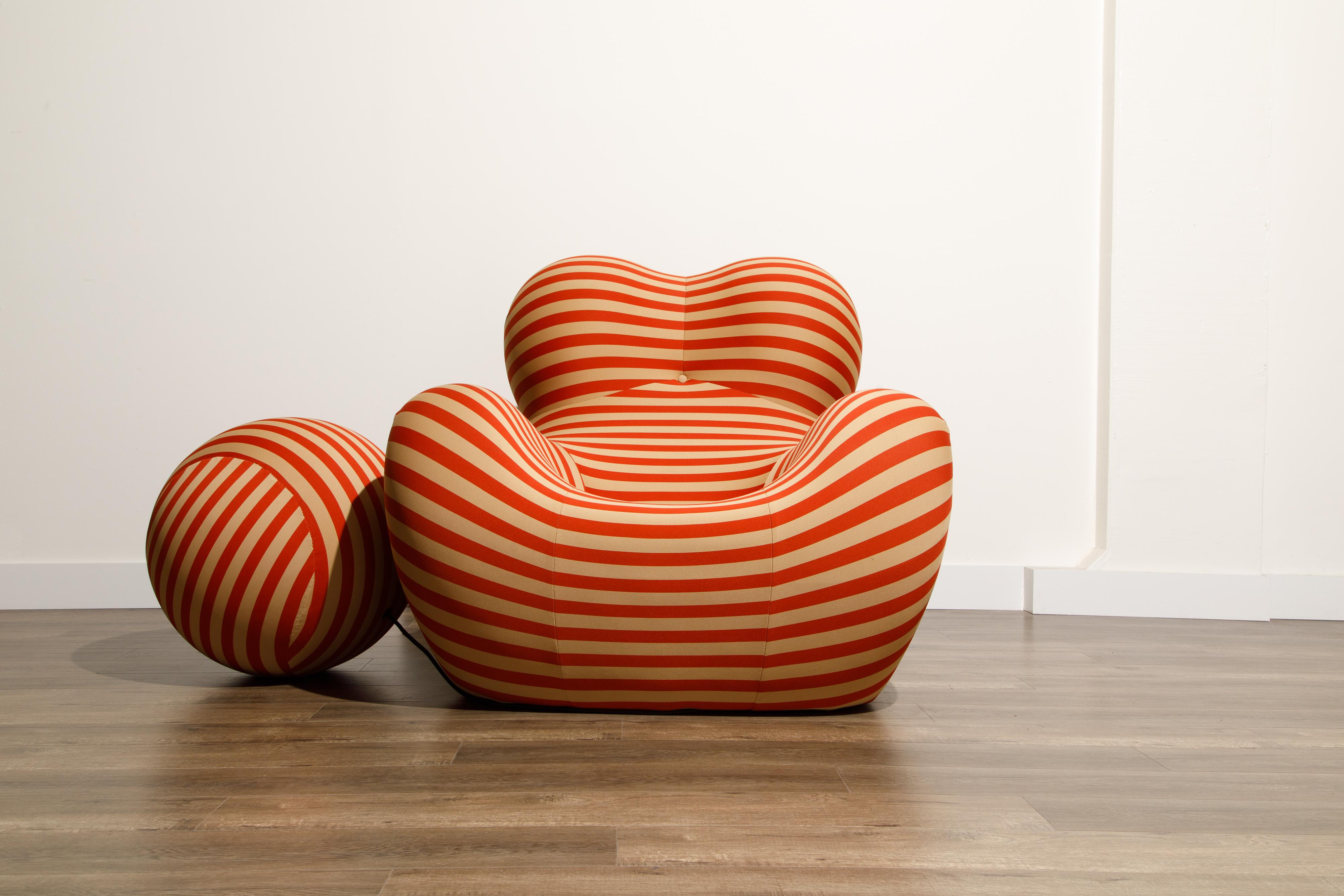 Originally designed in 1969 for a few years before it was discontinued in 1973, the UP5 & 6 lounge chair and ottoman by Gaetano Pesce, also known as the Big Mama, Blow Up and Donna chair, was reissued in 2000 by B&B Italia. The red and white striped