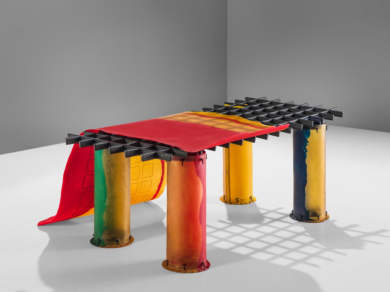 Gaetano Pesce for Zerodesigno, 'Nobody's Perfect' dining table, red, blue, green and yellow resin, metal, Italy, 2002.

This sculptural dining table is designed by Gaetano Pesce. The title of the table 'Nobody's Perfect' refers to the fact that