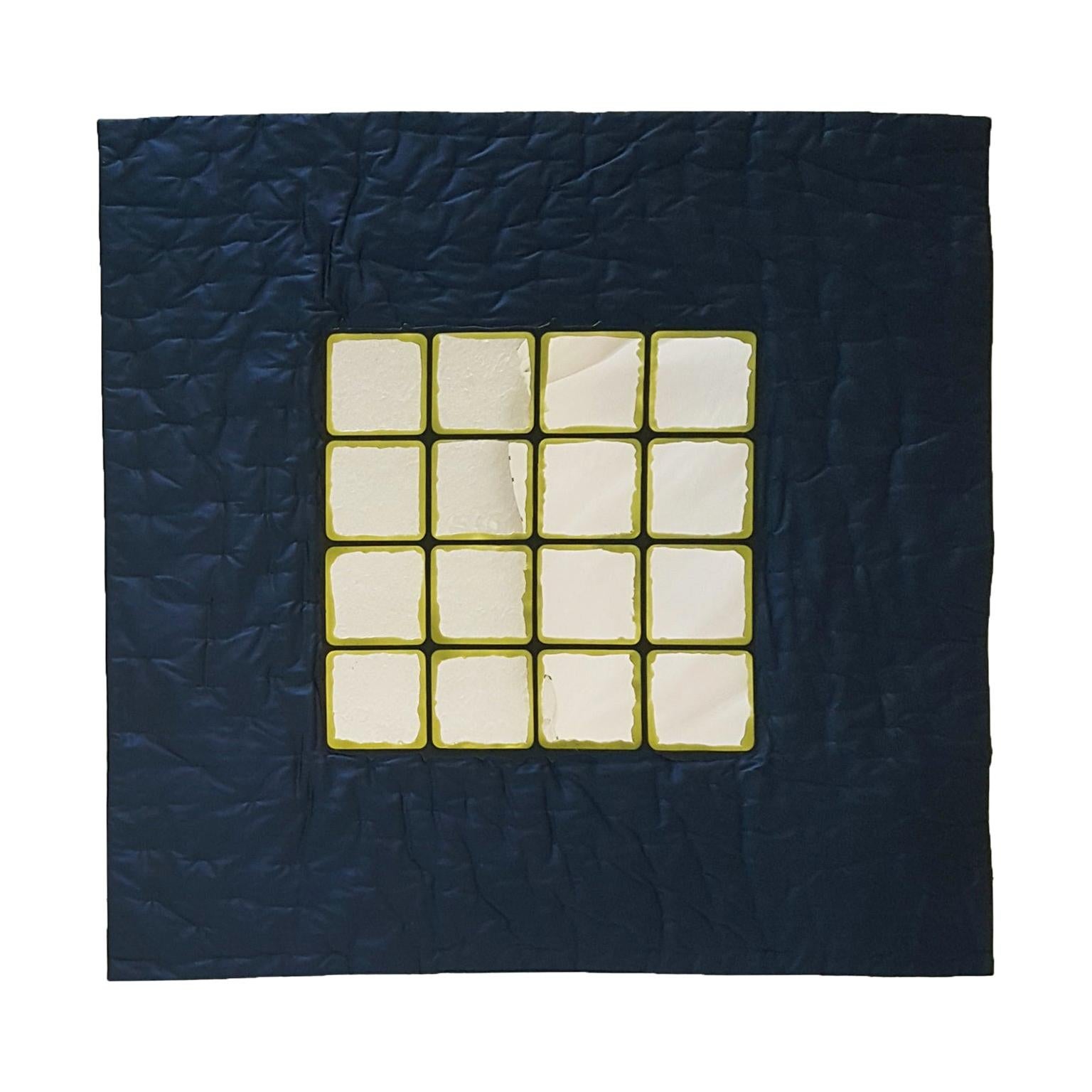 Gaetano Pesce Italian Wall Mirror with Blue Silk Fabric Frame and Yellow Resin For Sale