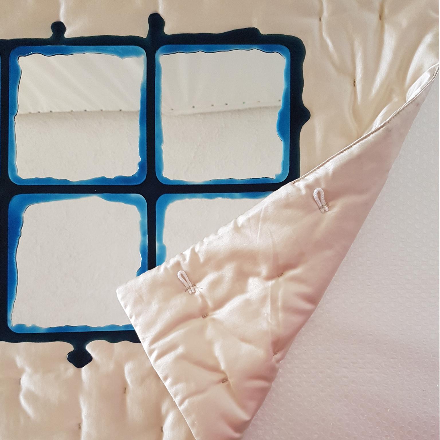 Other Gaetano Pesce Italian Wall Mirror with White Silk Fabric Frame and Blu Resin