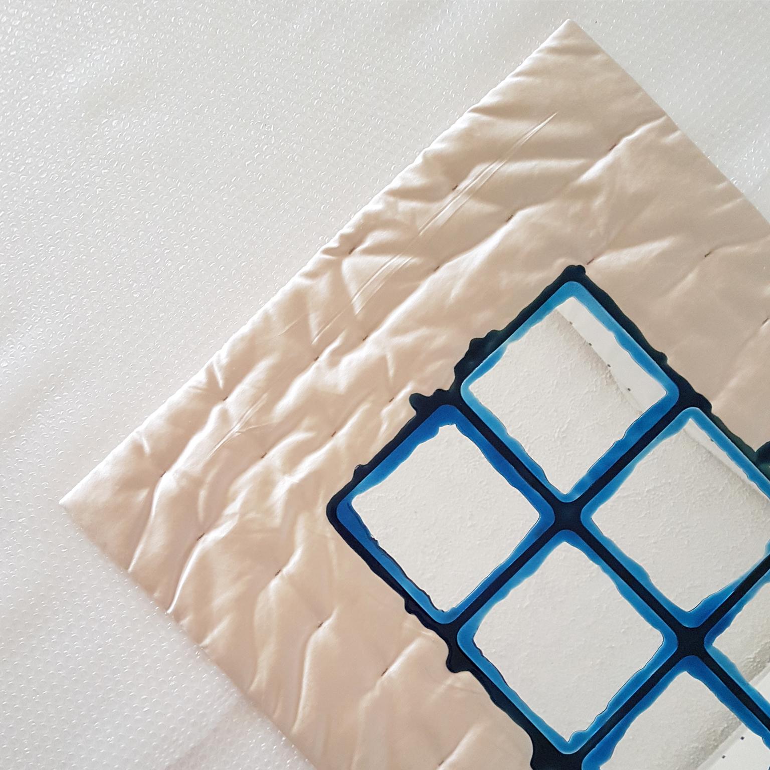 Contemporary Gaetano Pesce Italian Wall Mirror with White Silk Fabric Frame and Blu Resin