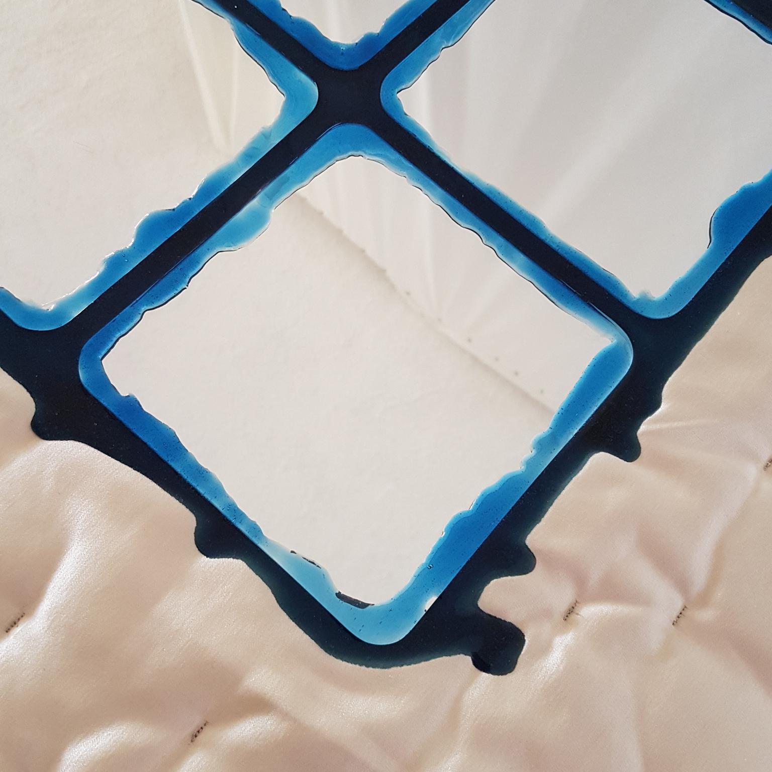 Gaetano Pesce Italian Wall Mirror with White Silk Fabric Frame and Blu Resin 1