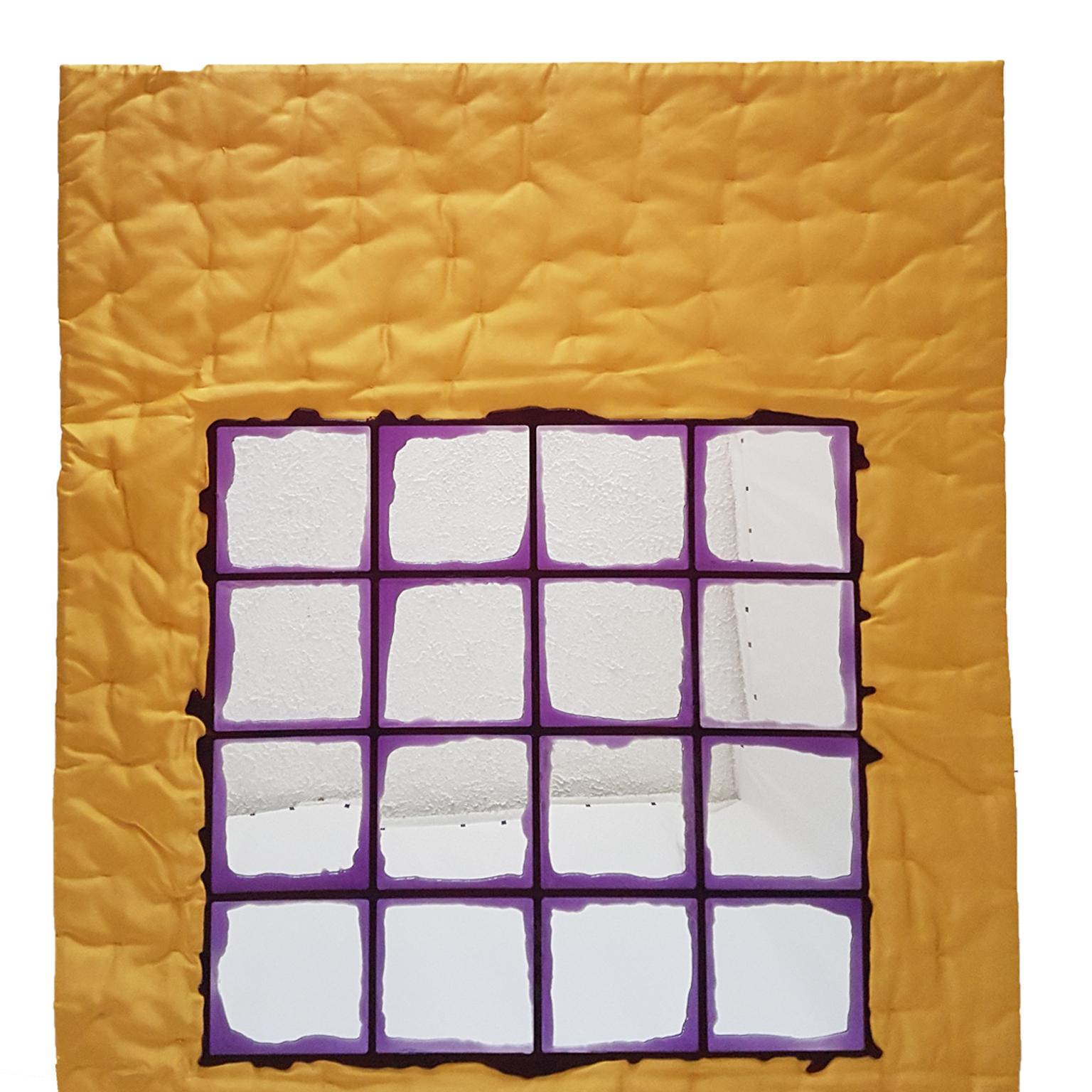 Gaetano Pesce Italian Wall Mirror with Yellow Silk Fabric Frame and Violet Resin For Sale 8