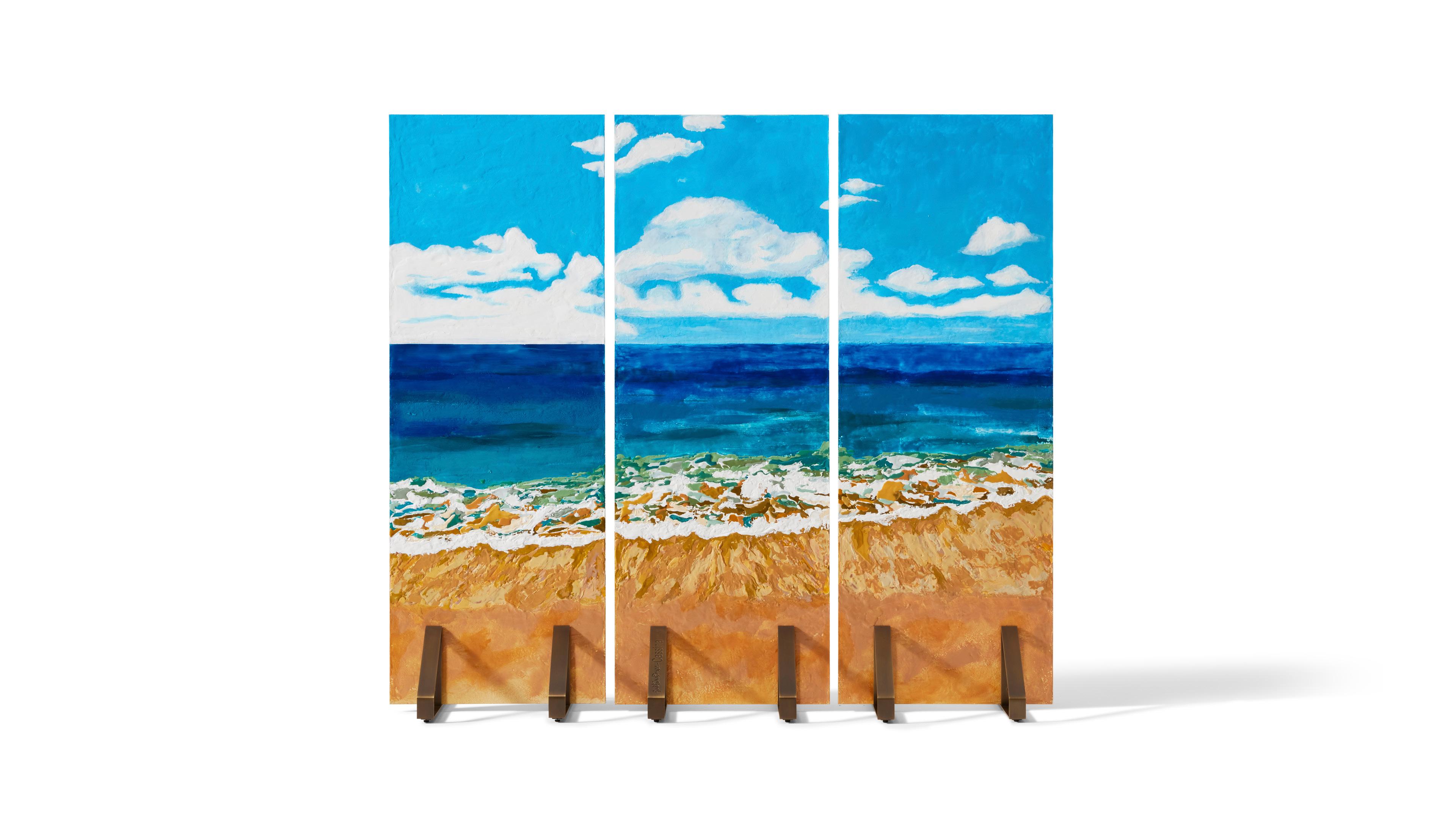 Gaetano Pesce Paravento Risacca Room Divider For Cassina

Waves breaking on the shore become a masterpiece designed by Gaetano Pesce. A limited edition item, produced in nine exemplars.
The three panels that form the screen, attached to six brass