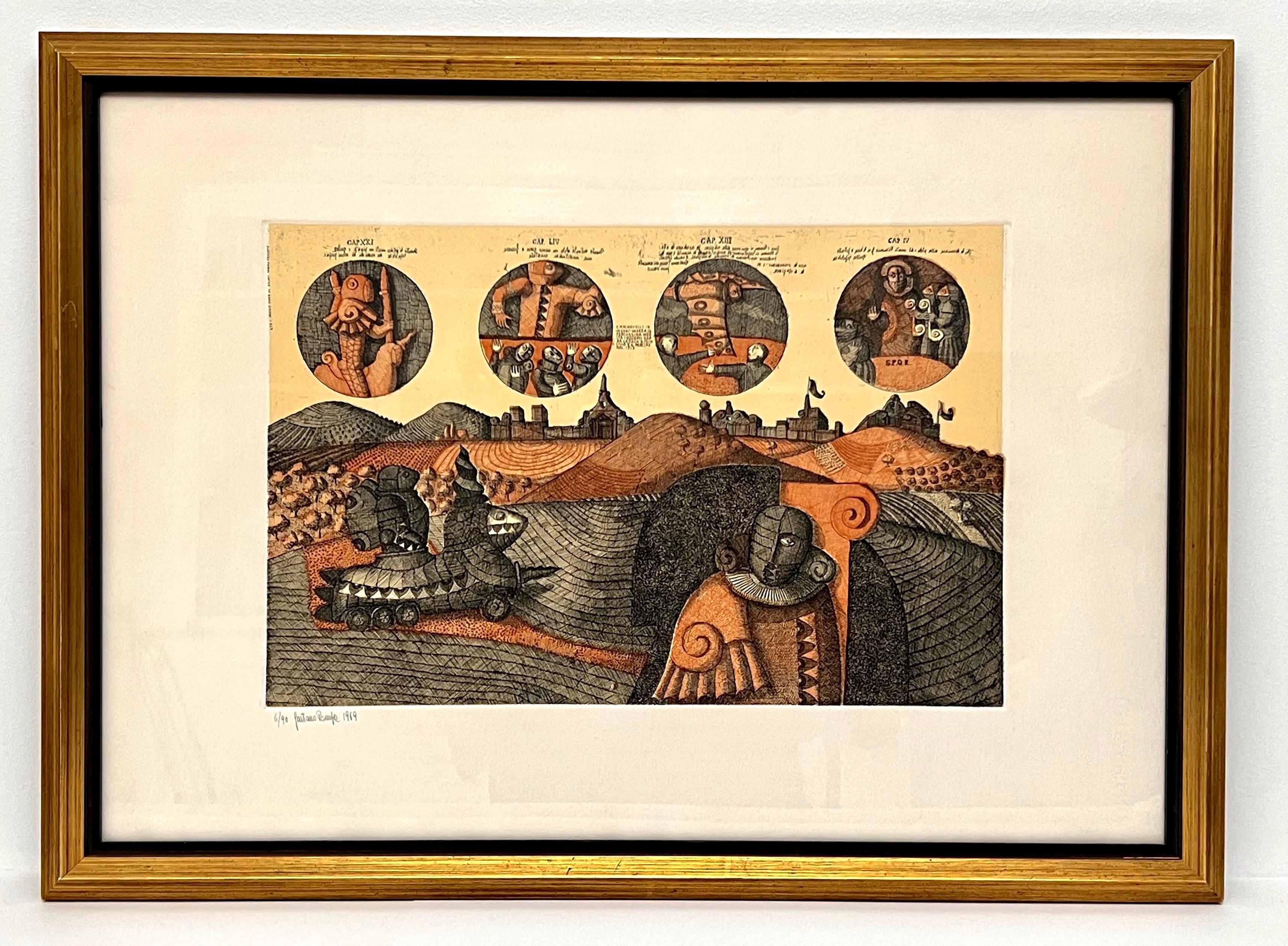 Whether it's a Gaetano Pompa painting or etching his work is definitely show stopping.  This is a great example of the world of Gaetano Pompa.  This 1969 etching captures his medieval history of characters with the figural surrealism of movement.  A