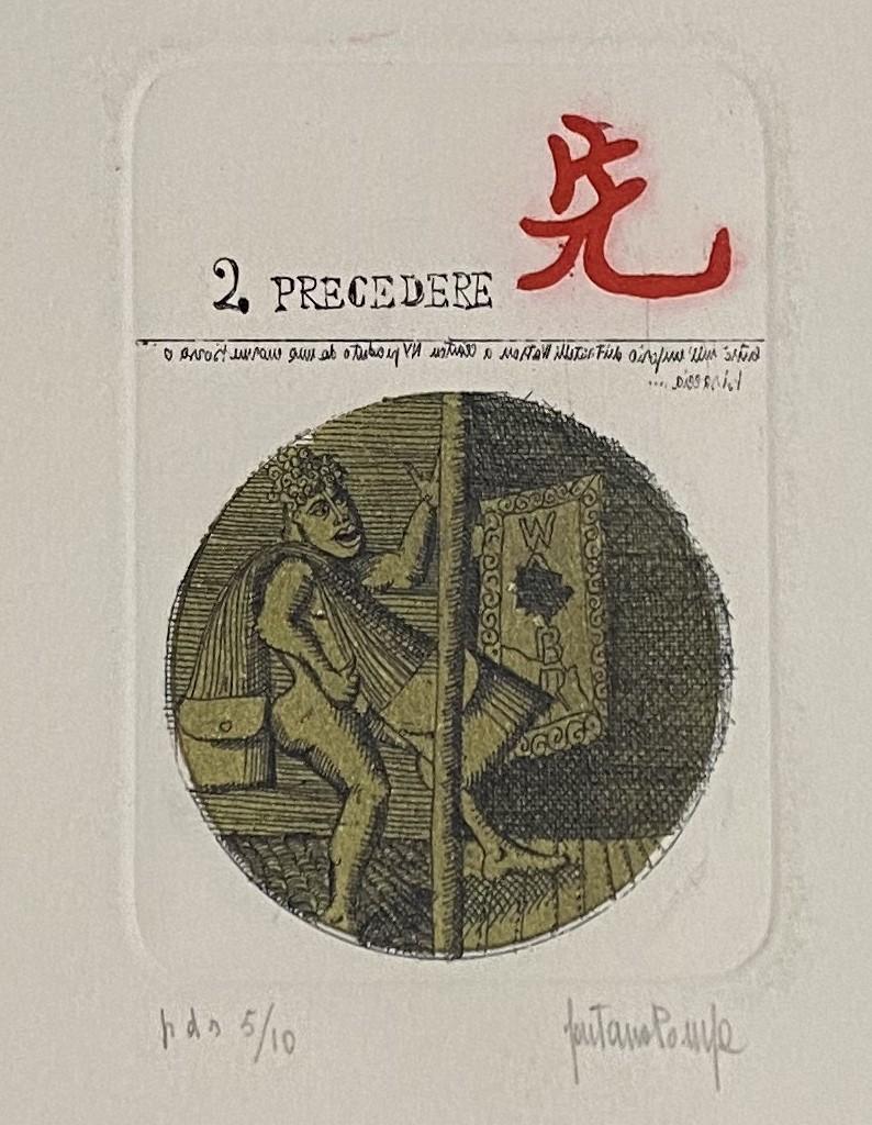 2-PRECEDERE is an original color etching, realized by the Italian contemporary master, Gaetano Pompa. 

Hand-signed in pencil on the lower right margin. This specimen is from a limited edition, 5/10, on the lower right.

In excellent conditions.