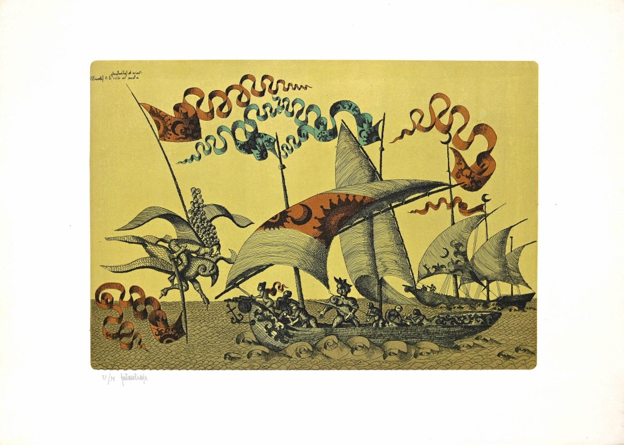Boats is an original artwork realized by Gaetano Pompa (1933, Forenza- 1998) in the 1970s.

The artwork was completed by hand watercoloring.

The work is part of an edition of 75 numbered and signed.

Very good condition.

Gaetano Pompa was born in