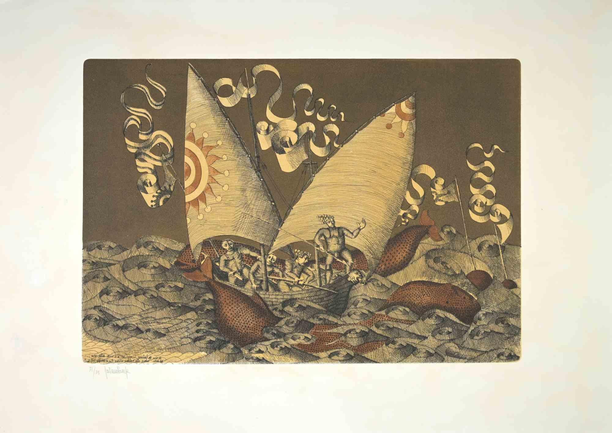 The Boat  is an artwork realized by Gaetano Pompa (1933, Forenza- 1998) in 1970s.

The artwork is  an aquatint and etching on paper.

Hand signed on the left corner. Edition of 75, numbered, 71. 

Excellent condition.

Gaetano Pompa  was born in