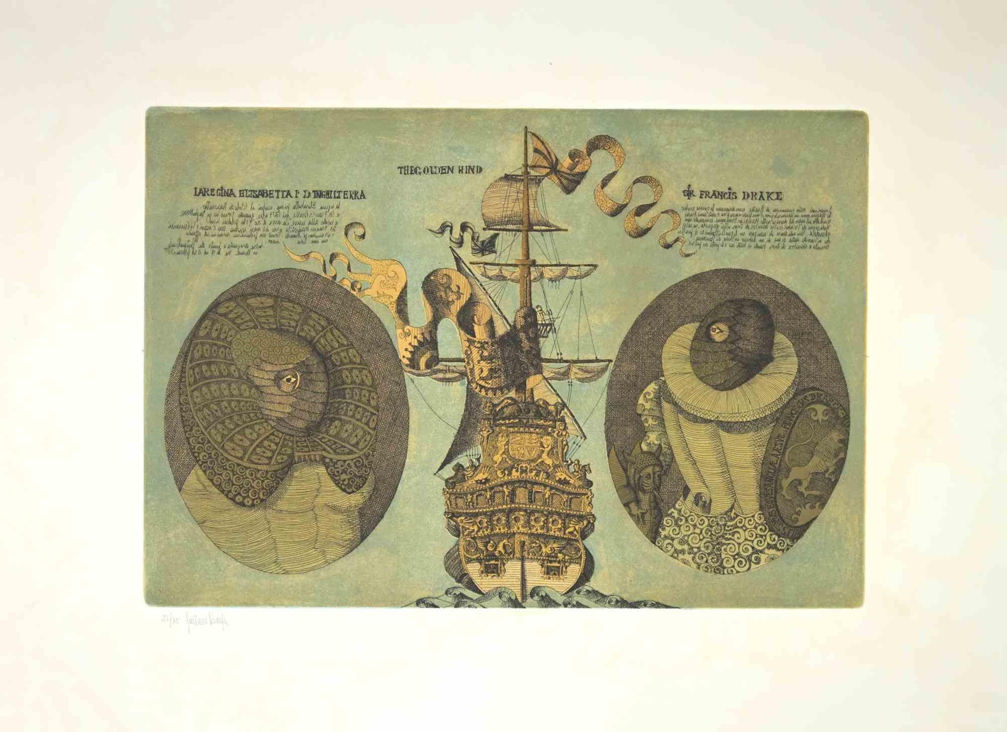 The Golden Hind is an artwork realized by Gaetano Pompa (1933, Forenza- 1998) in 1970s.

The artwork is  an aquatint and etching on paper.

Hand signed on the left corner. Edition of 75, numbered, 26. 

Good condition.

Gaetano Pompa  was born in