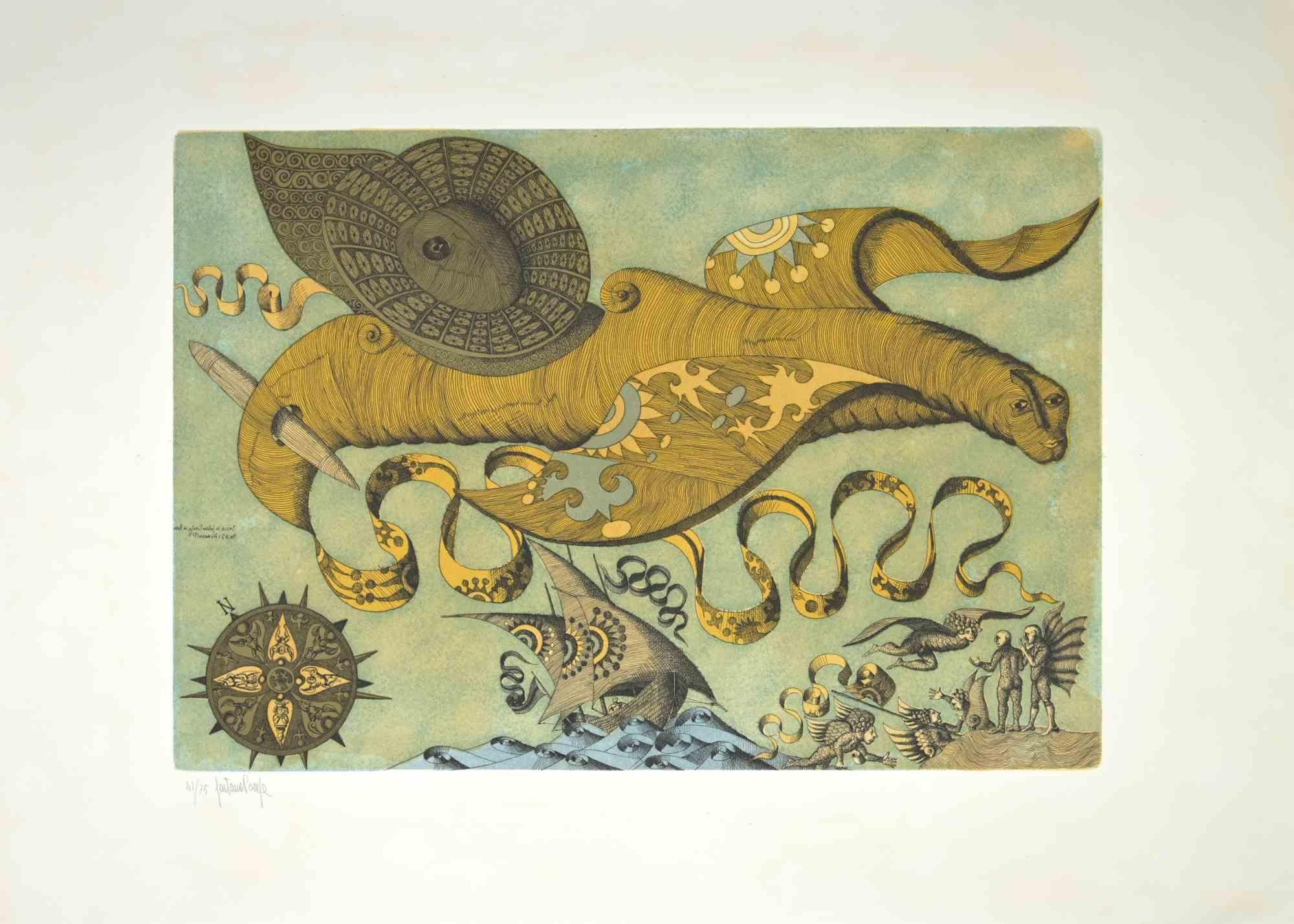 The Imaginary Animalis an artwork realized by Gaetano Pompa (1933, Forenza- 1998) in 1970s.

The artwork is  an aquatint and etching on paper.

Hand signed on the left corner. Edition of 75, numbered, 41. 

Excellent condition.

Gaetano Pompa  was