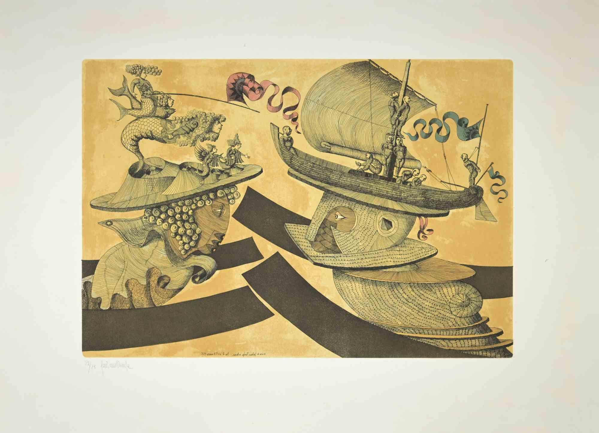 The Imaginary Boats  is an artwork realized by Gaetano Pompa (1933, Forenza- 1998) in 1970 s.

The artwork is  an aquatint and etching on paper.

Hand signed on the left corner. Edition of 75, numbered, 72. 

Excellent condition.

Gaetano Pompa  was