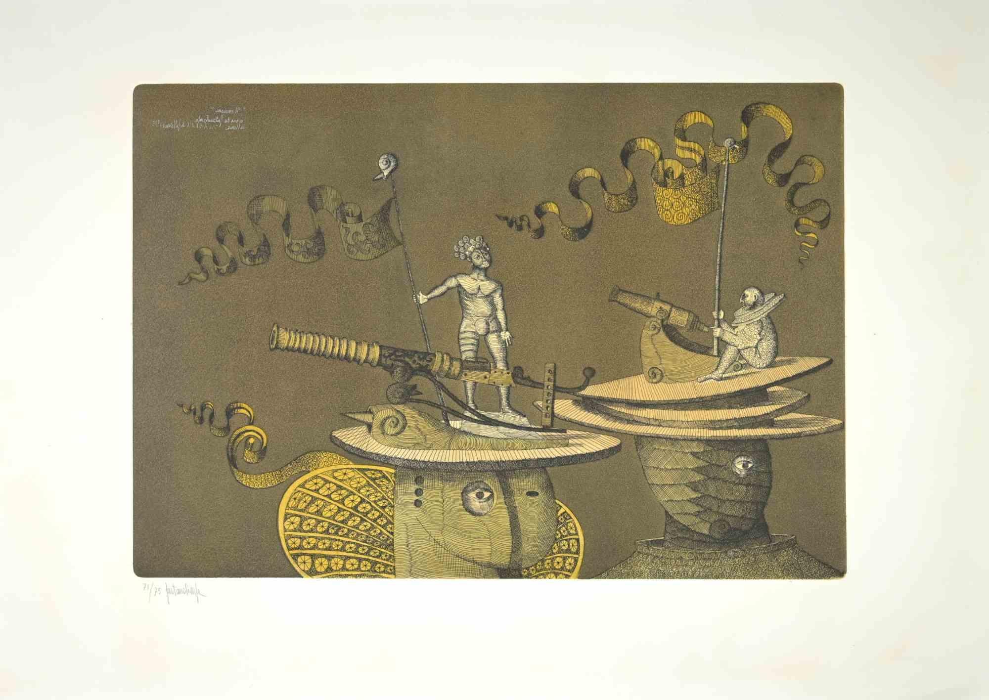 The Imaginary Men is an artwork realized by Gaetano Pompa (1933, Forenza- 1998) in 1970s.

Aquatint and etching on paper.

Hand signed on the left corner. Edition of 75, numbered, 71. 

Excellent condition.

Gaetano Pompa  was born in 1933 in