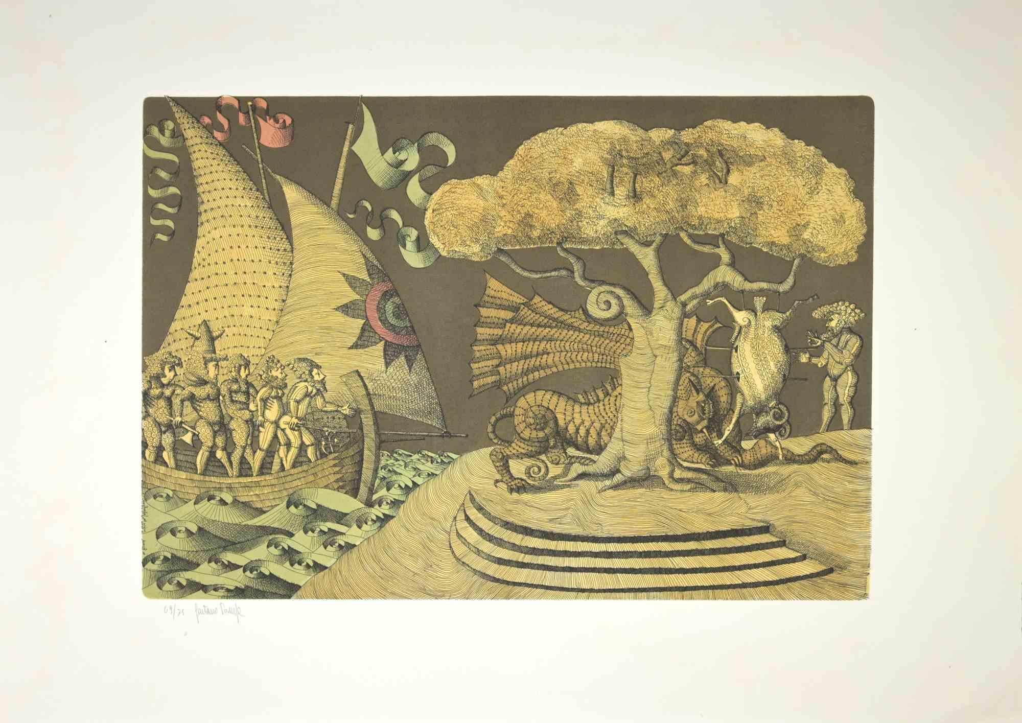 The Visionary Tree  is an artwork realized by Gaetano Pompa (1933, Forenza- 1998) in 1970s.

The artwork is  an aquatint and etching on paper.

Hand signed on the left corner. Edition of 75, numbered, 69. 

Excellent condition.

Gaetano Pompa  was