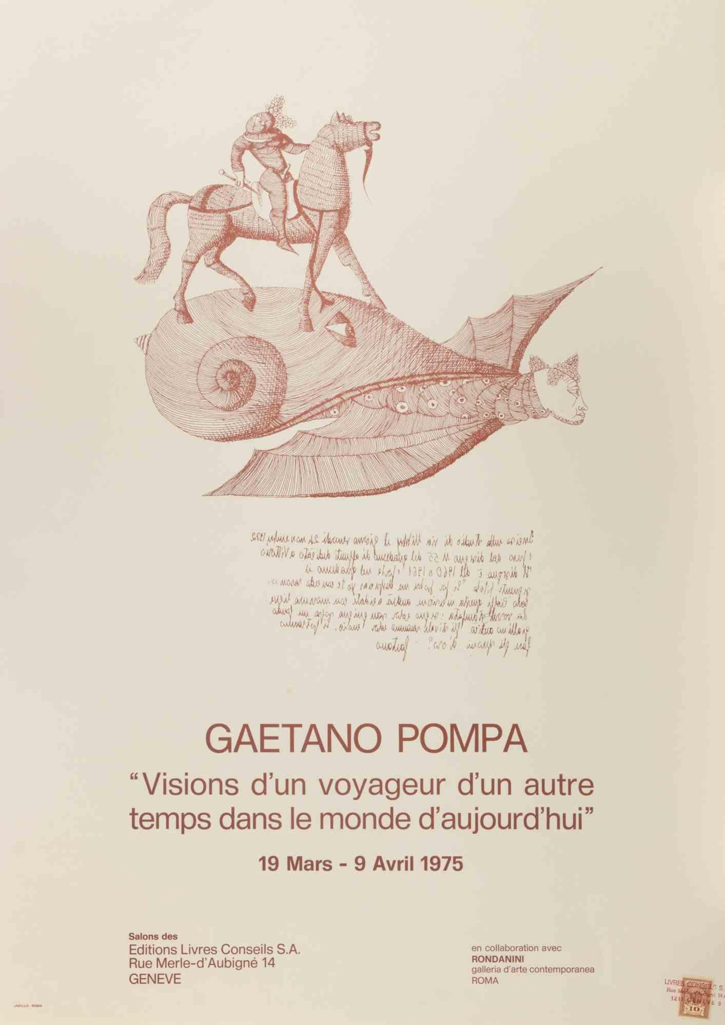 Original exhibition poster by Gaetano Pompa, featuring a surreal red line illustration of a knight on horseback riding a fantastic winged sea-creature, reflecting Pompa’s imaginative and dreamlike universe.

The text announces the