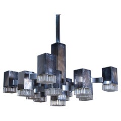 Gaetano Sciolari 13 Lights Cubic Chrome Chandelier, Italy.