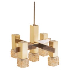 Gaetano Sciolari, Unique 5 Light Chandelier in Glass and Gilded Metal, 1970s