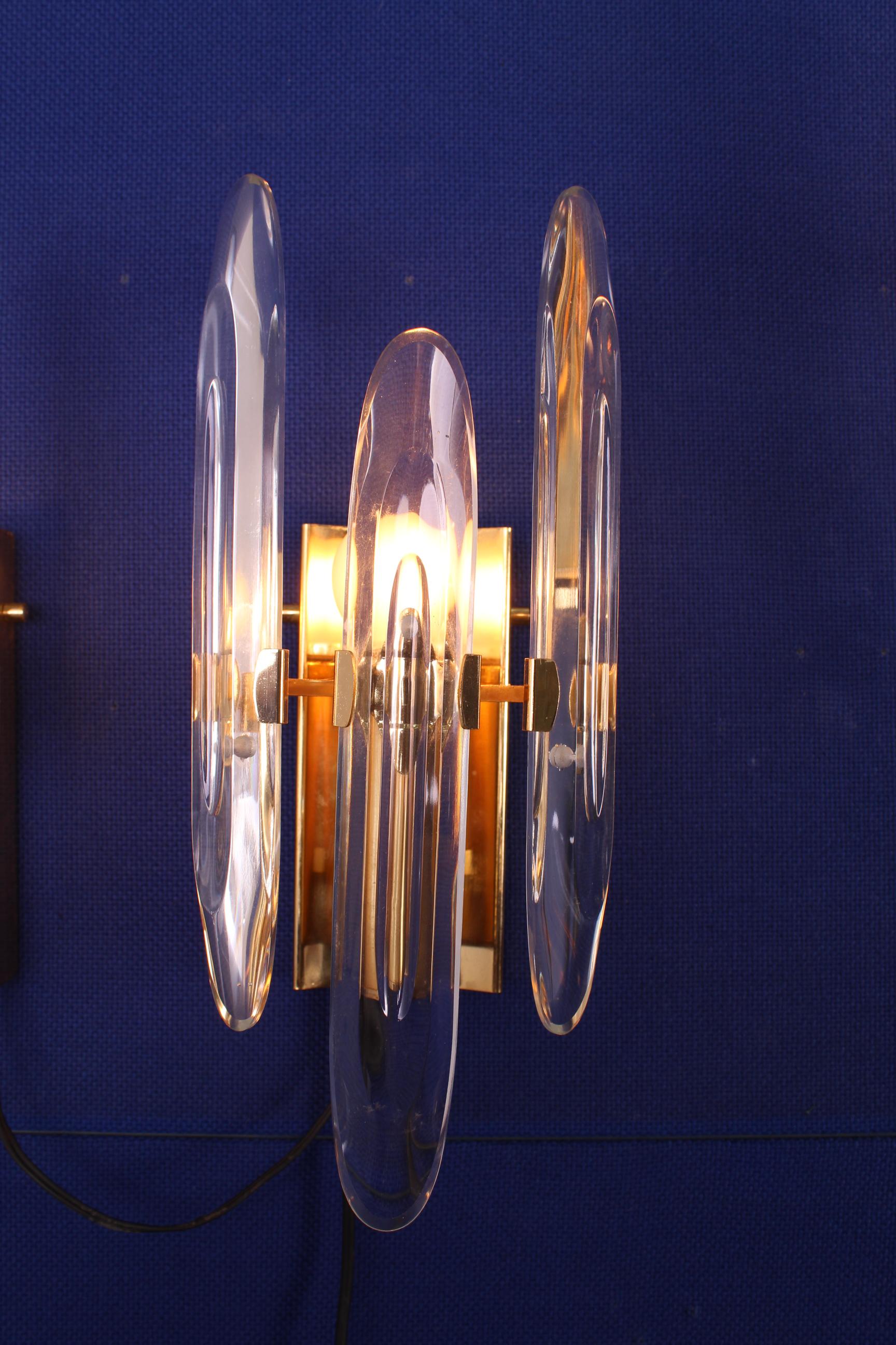 Italian 20th Century Modern Brass Glass Appliques Gaetano Sciolari Italy 70s set of 4