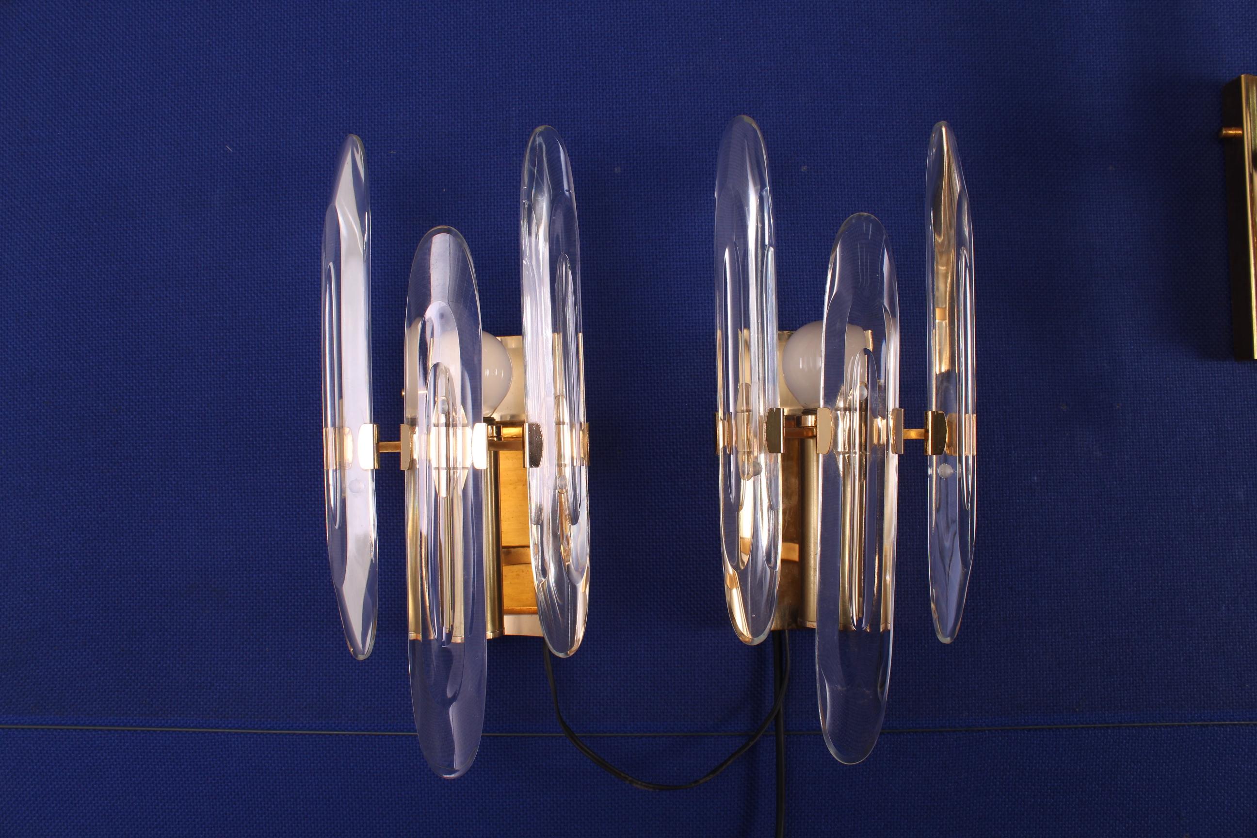 Optical Glass 20th Century Modern Brass Glass Appliques Gaetano Sciolari Italy 70s set of 4