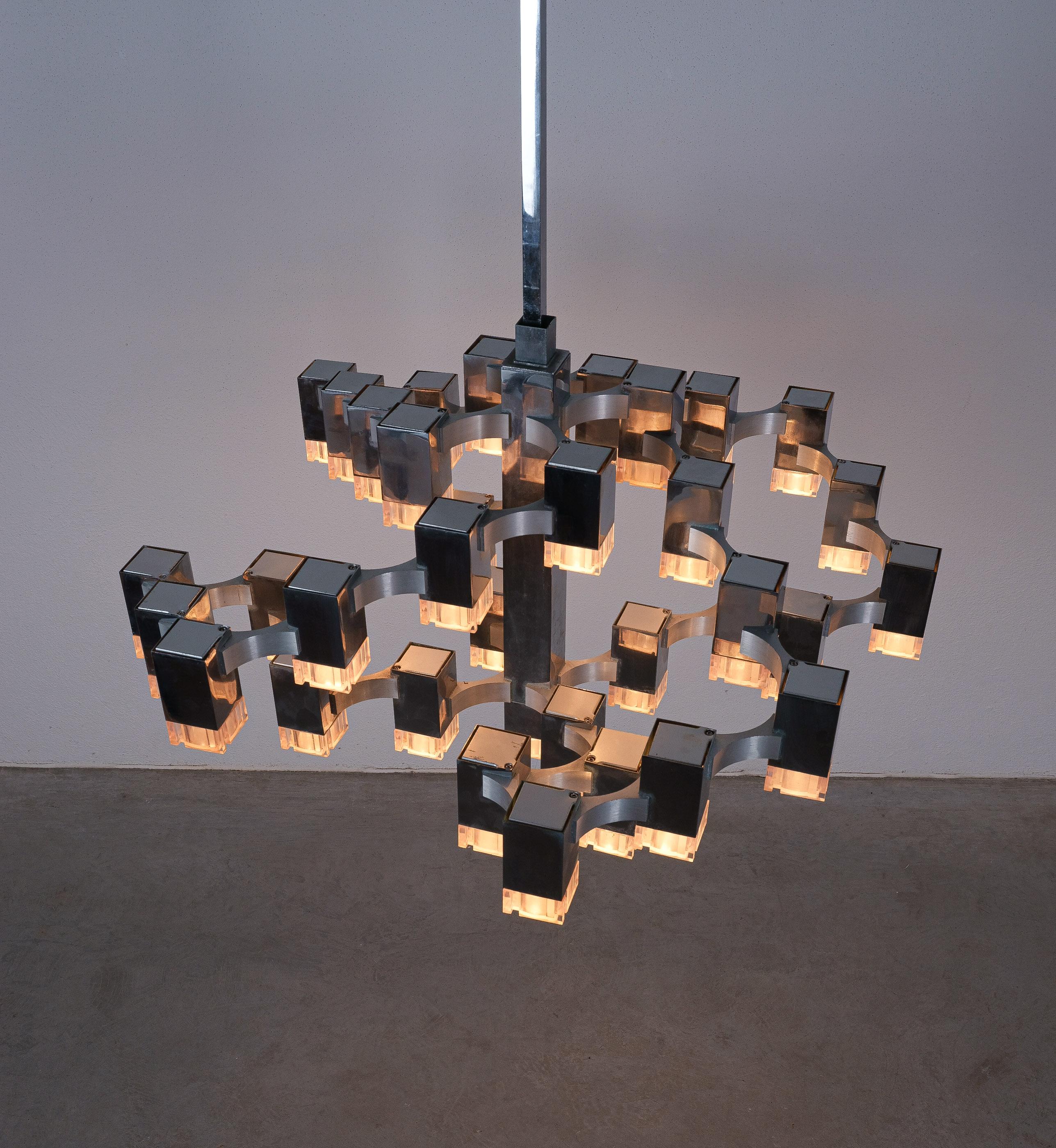 Italian Gaetano Sciolari 28 Lights Cubic Chrome Chandelier, Italy, Mid-Century Modern