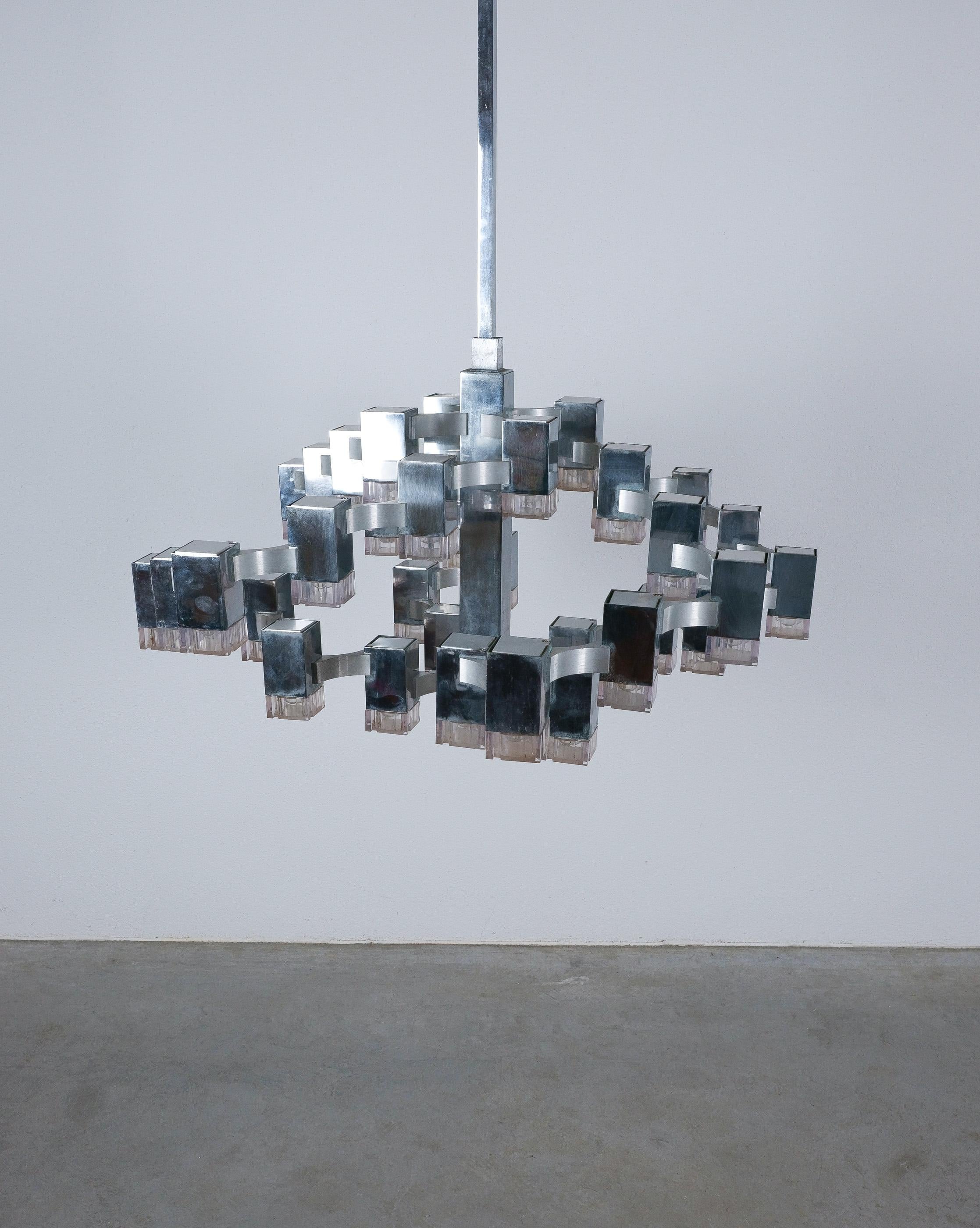 Gaetano Sciolari 28 Lights Cubic Chrome Chandelier, Italy, Mid-Century Modern 1