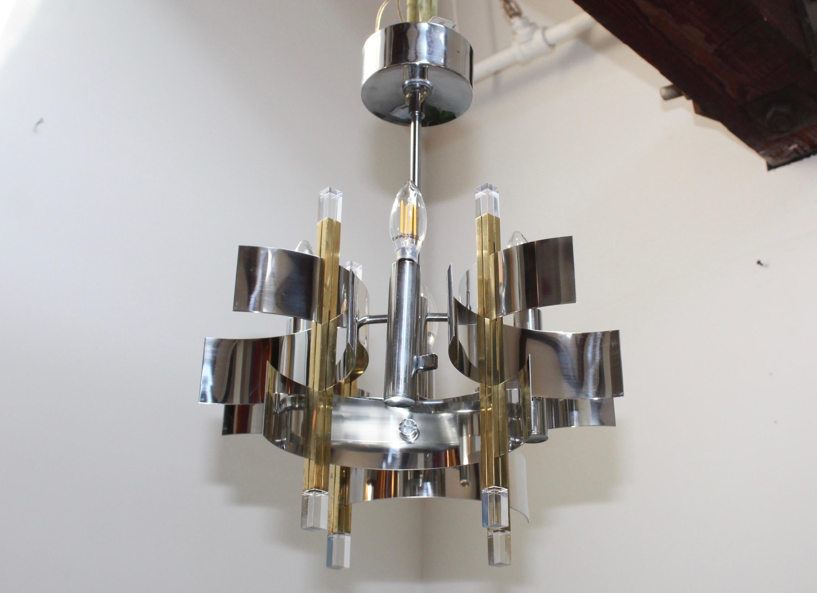 Italian Gaetano Sciolari Brass and Chrome Chandelier For Sale