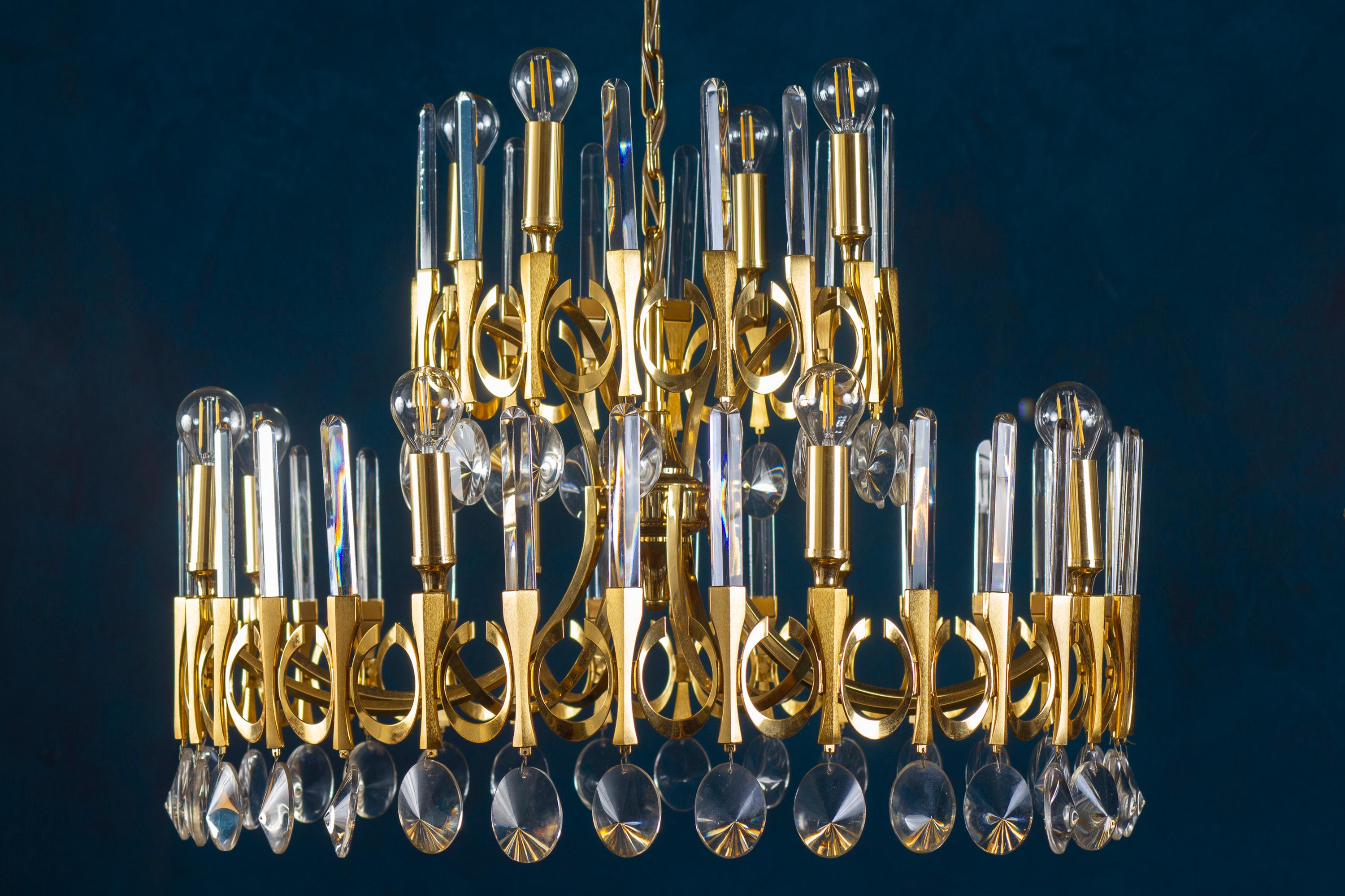 20th Century Gaetano Sciolari Brass and Glass Chandelier, Italy, 1960s For Sale