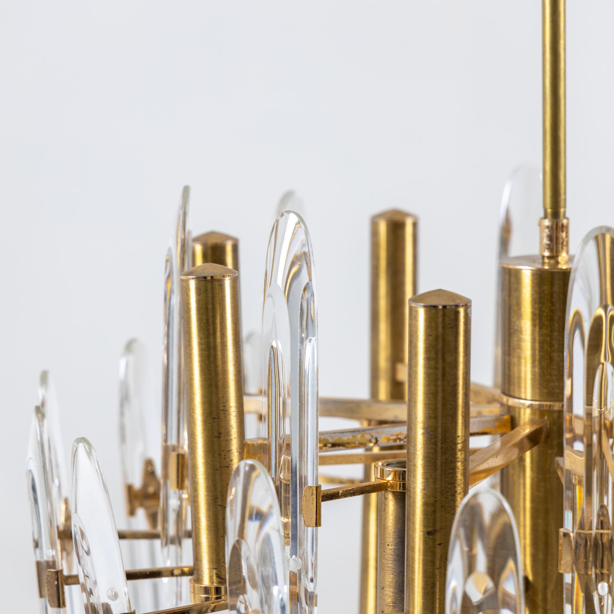 Italian Gaetano Sciolari Brass and Glass Chandelier, Italy 1970s For Sale
