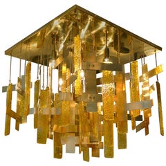 Gaetano Sciolari Brass and Murano Glass Flush Mount Ceiling Fixture, Italy 1960s