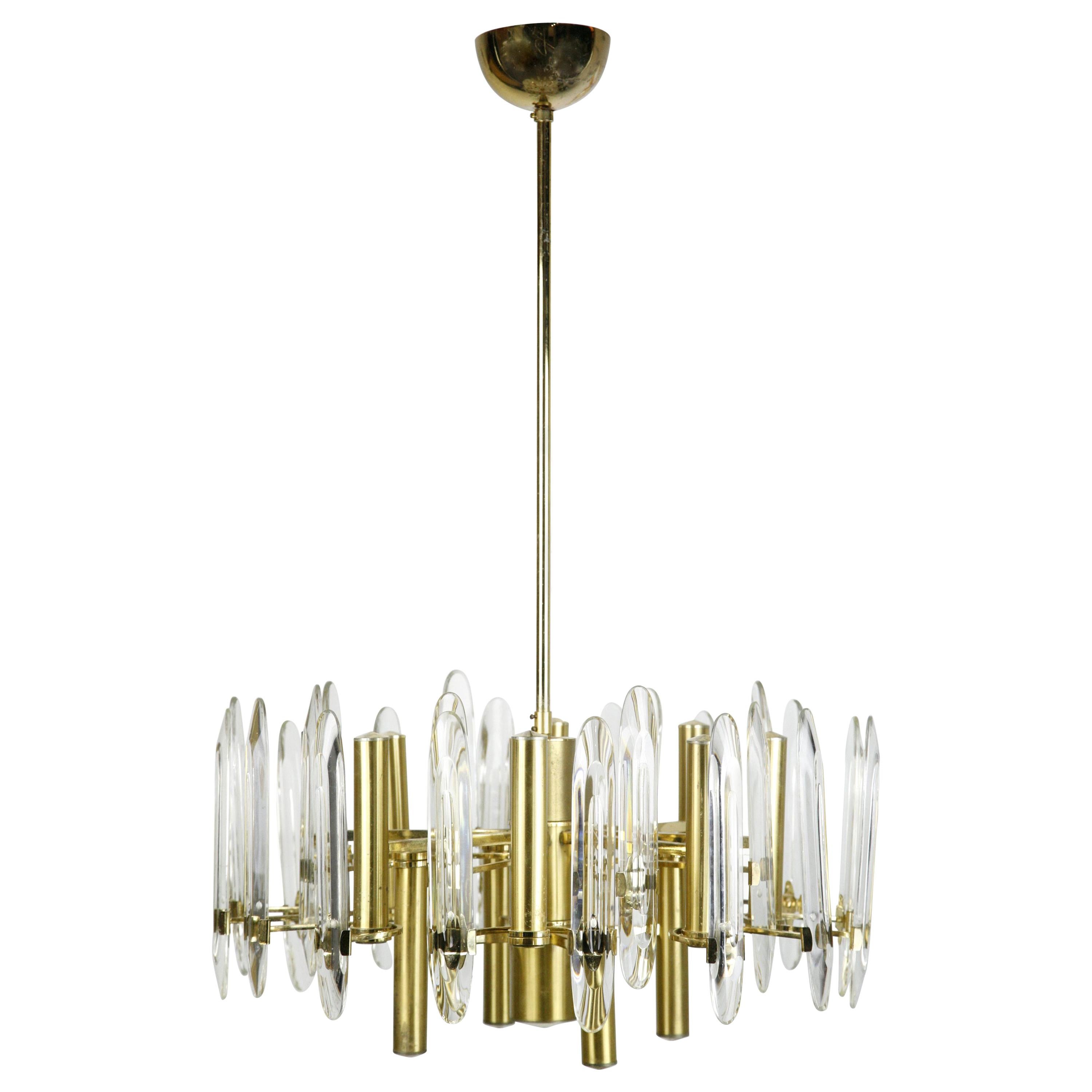 Gaetano Sciolari Brass Chandelier with Crystal Ornaments, 1960 Italy