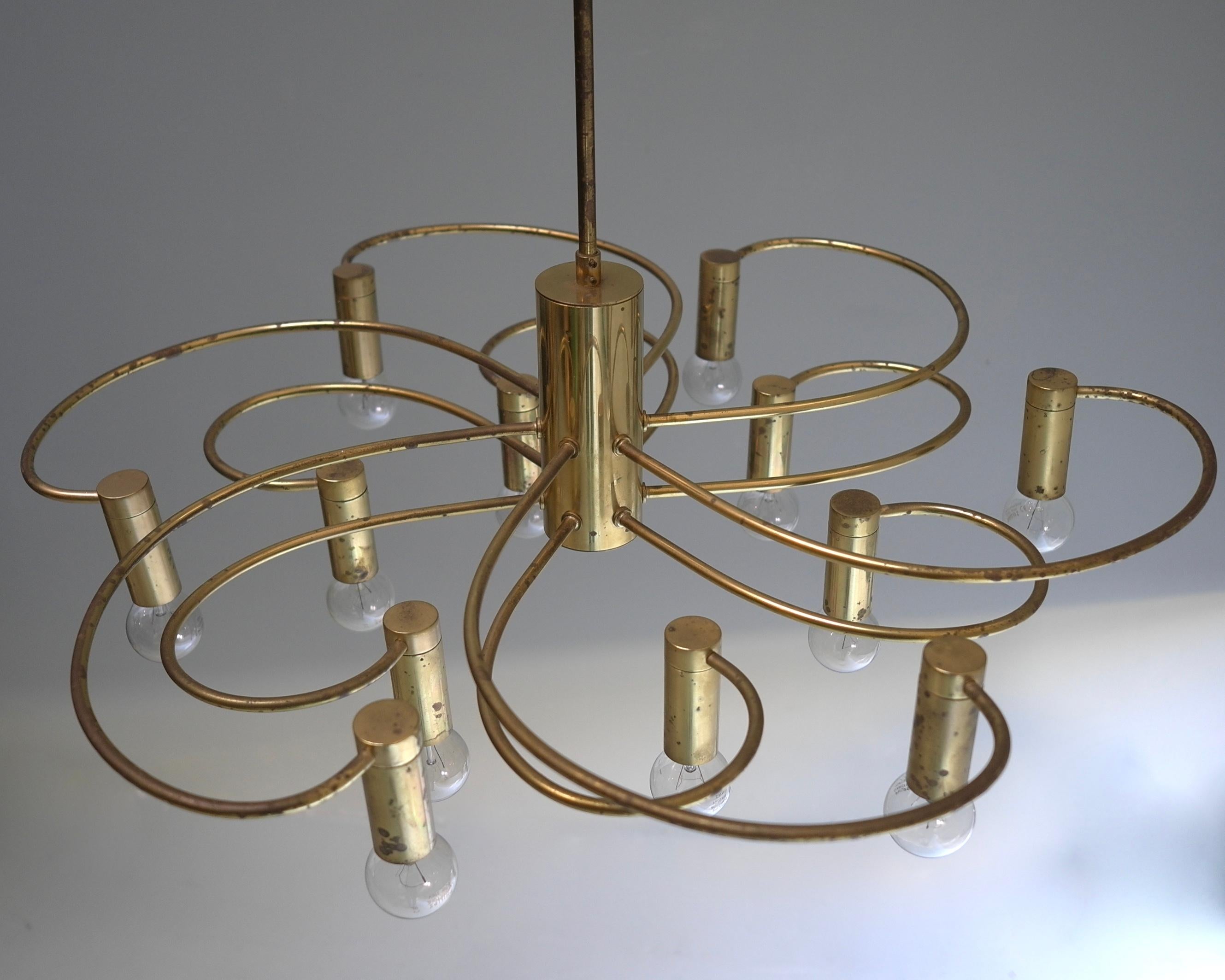 Mid-20th Century 3x Brass Gaetano Sciolari Twelve-Light Chandelier, Italy, 1960s For Sale