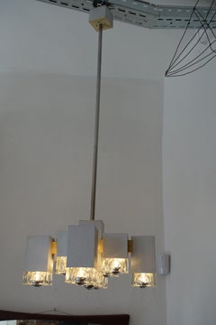 Gaetano Sciolari Brushed Steel and Murano Glass Cubic Italian Chandelier, 1970