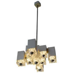 Gaetano Sciolari Brushed Steel and Murano Glass Cubic Italian Chandelier, 1970