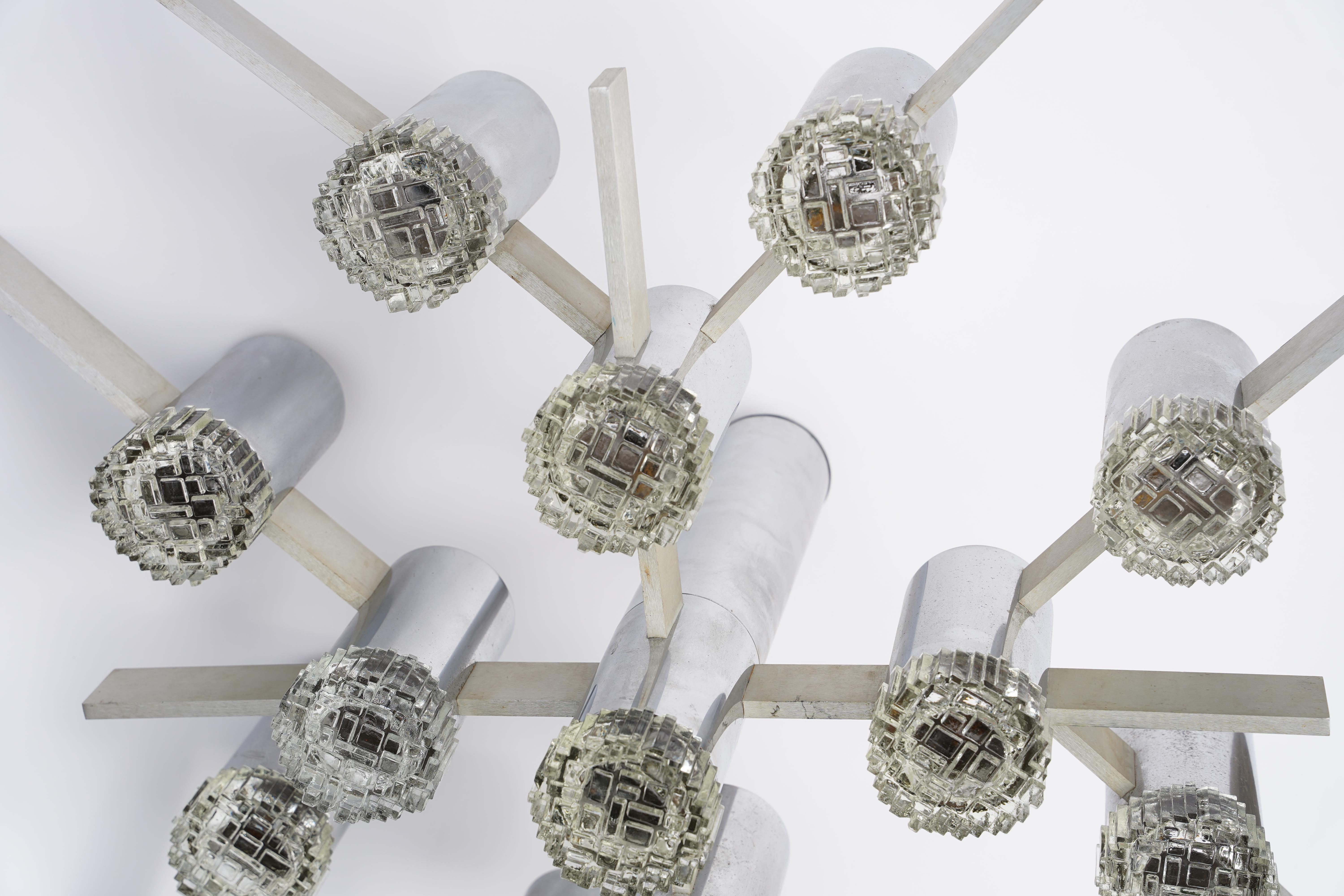 Gaetano Sciolari brutalist aluminum Chandelier with glass shades, 1960 Italy For Sale 2