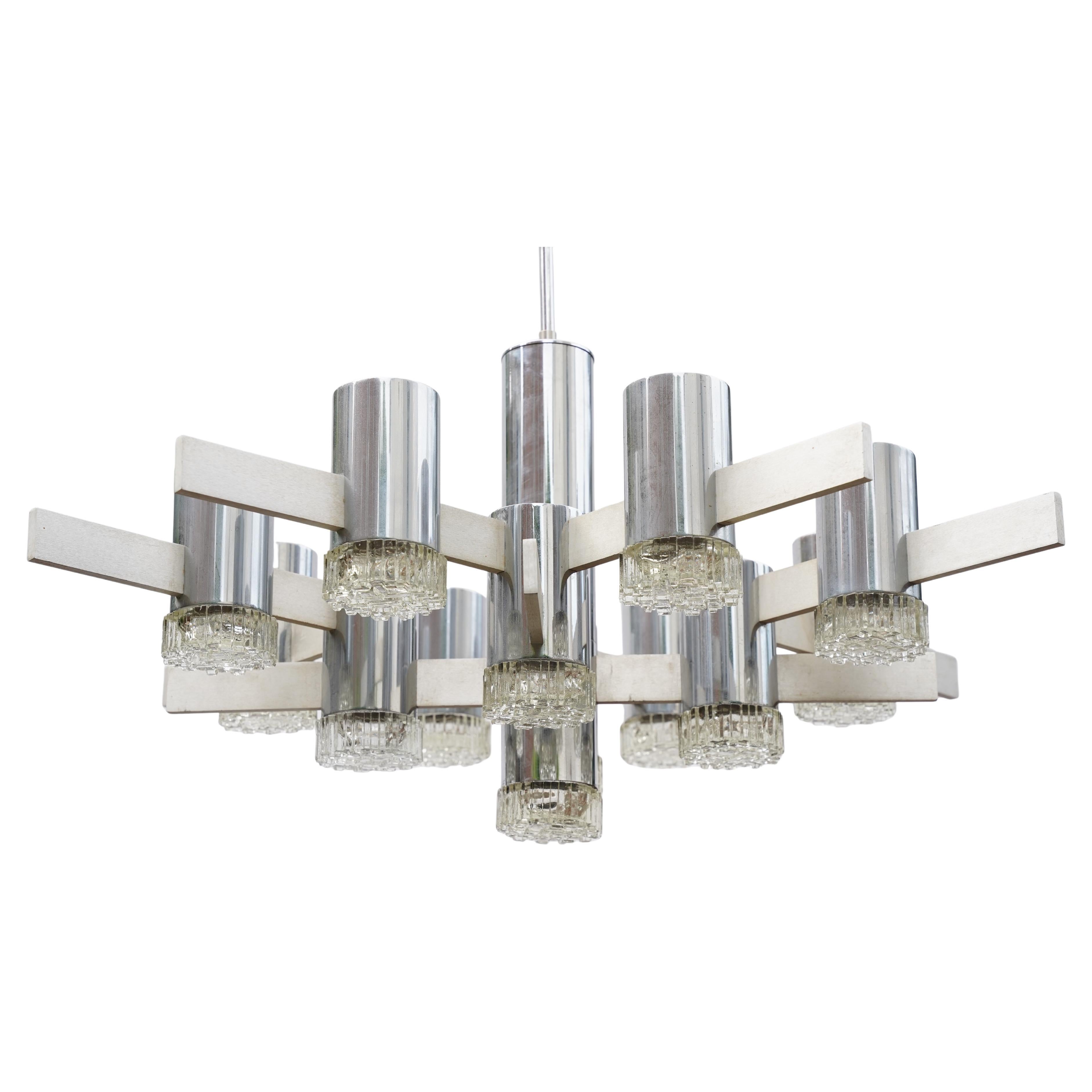 Mid-Century Modern Gaetano Sciolari brutalist aluminum Chandelier with glass shades, 1960 Italy For Sale