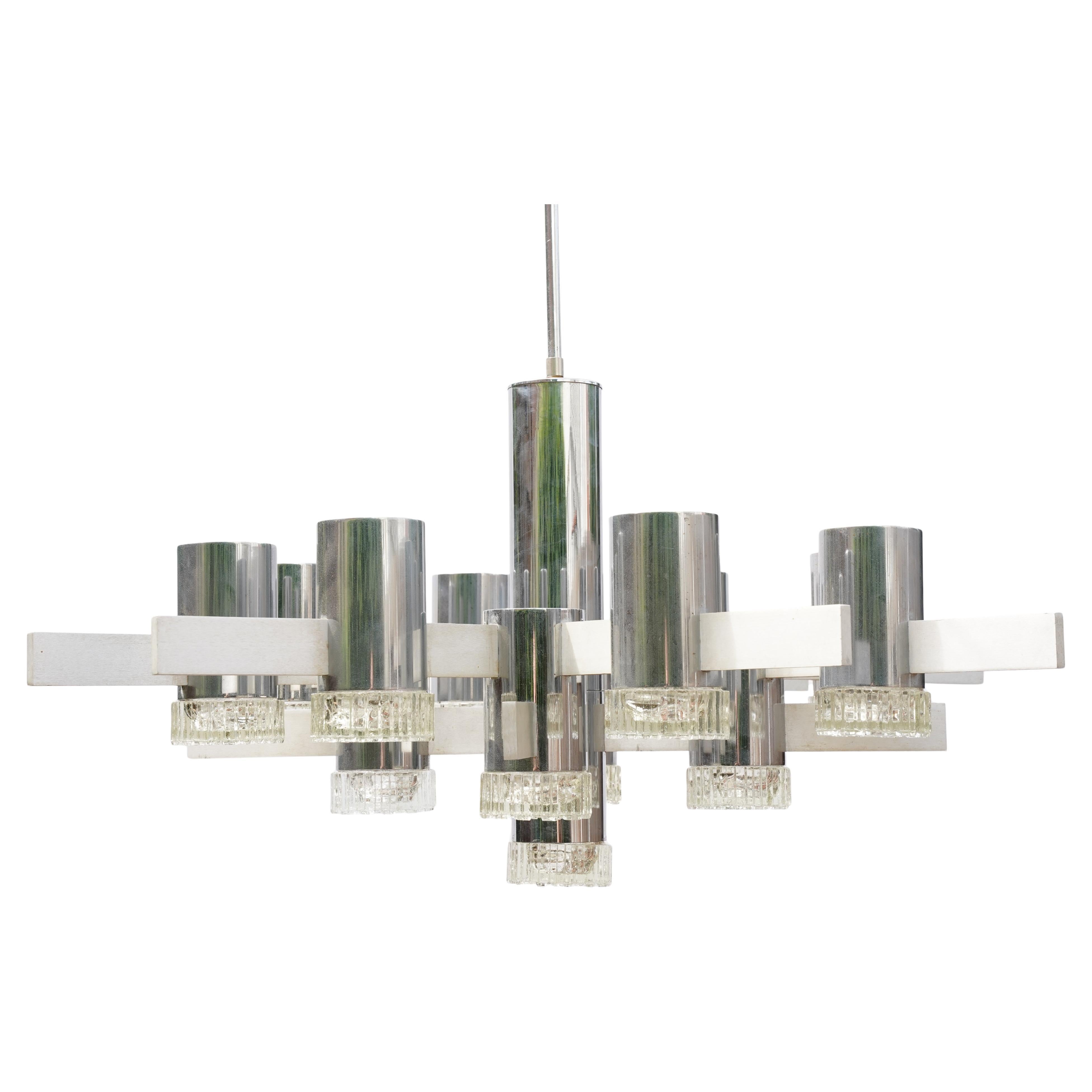 Italian Gaetano Sciolari brutalist aluminum Chandelier with glass shades, 1960 Italy For Sale