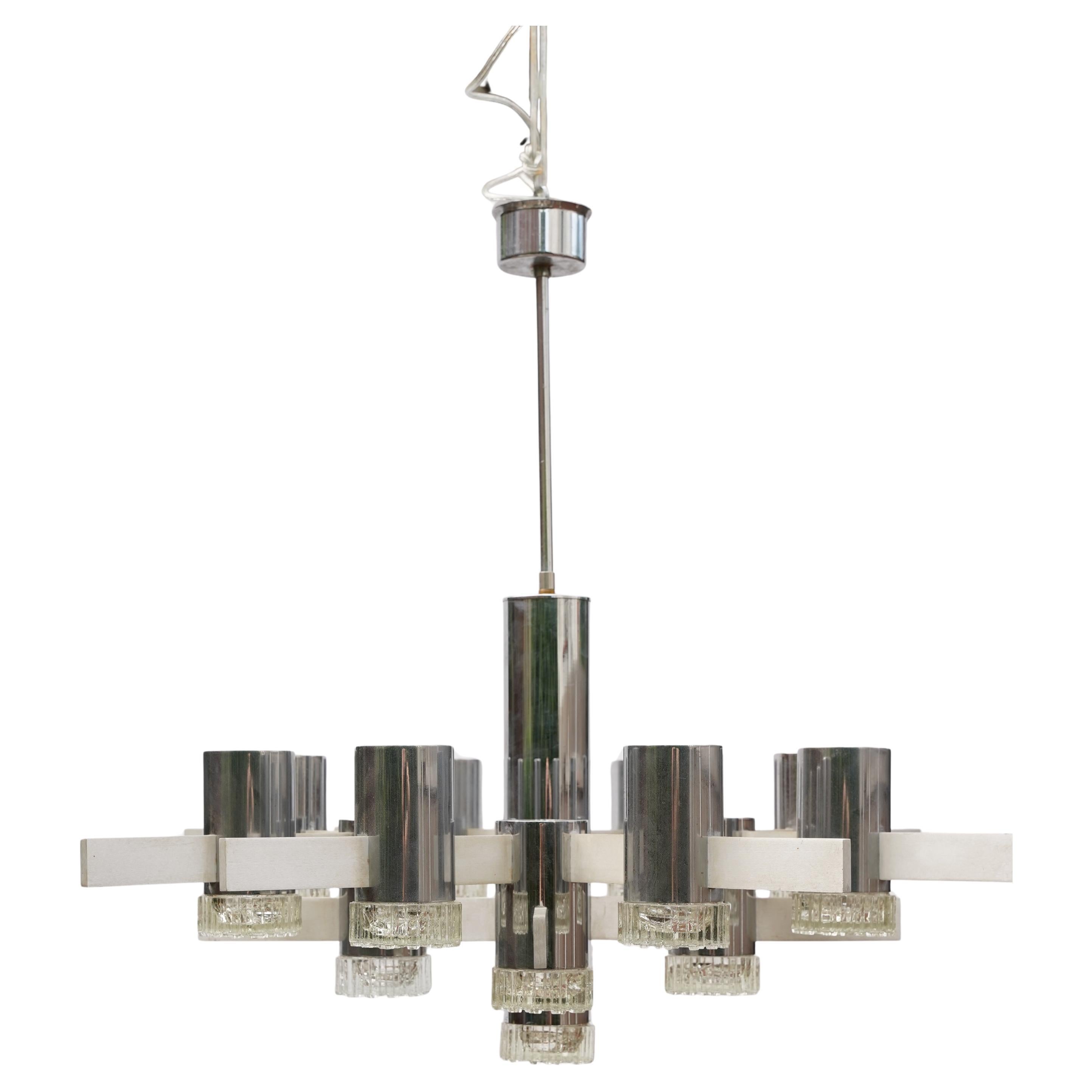 Cast Gaetano Sciolari brutalist aluminum Chandelier with glass shades, 1960 Italy For Sale