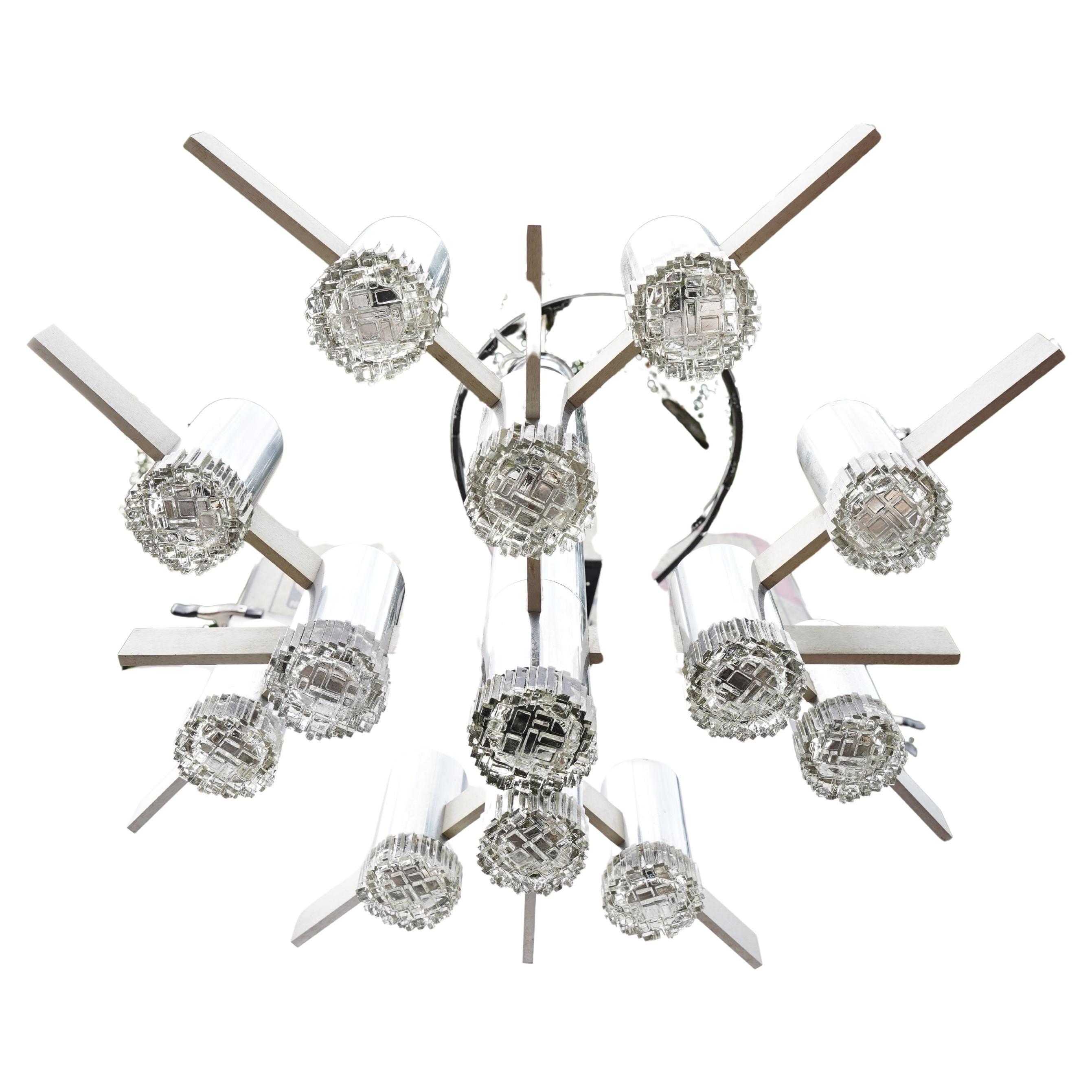 Gaetano Sciolari brutalist aluminum Chandelier with glass shades, 1960 Italy In Good Condition For Sale In Bronx, NY