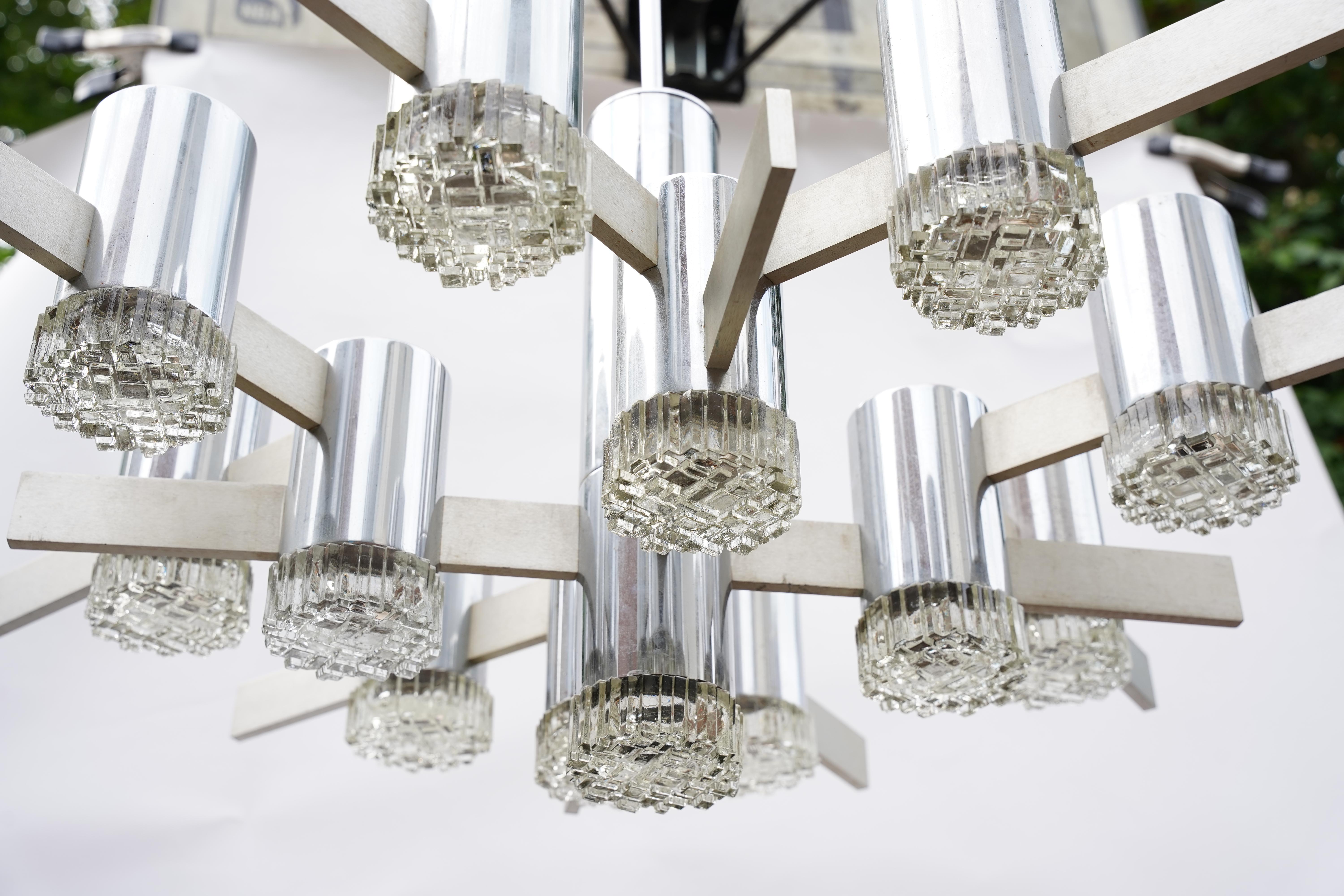 Aluminum Gaetano Sciolari brutalist aluminum Chandelier with glass shades, 1960 Italy For Sale