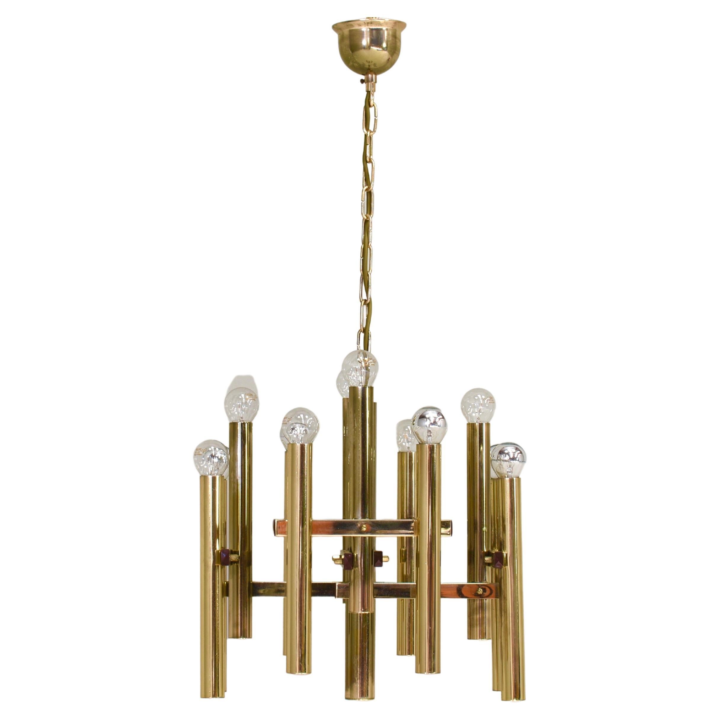 Gaetano Sciolari Chandelier 12 Spot Brass Pendant Lamp, Italy, circa 1970