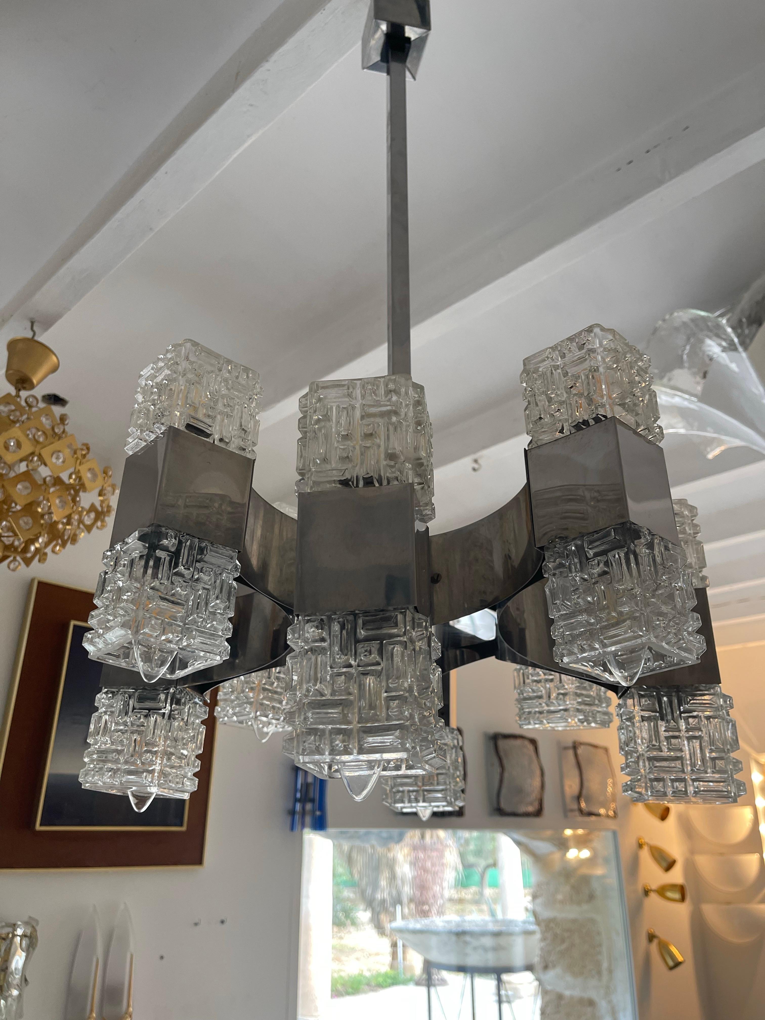 Gaetano Sciolari chandelier 16 lights glass with chrome structure, Italy 1960s en venta 3