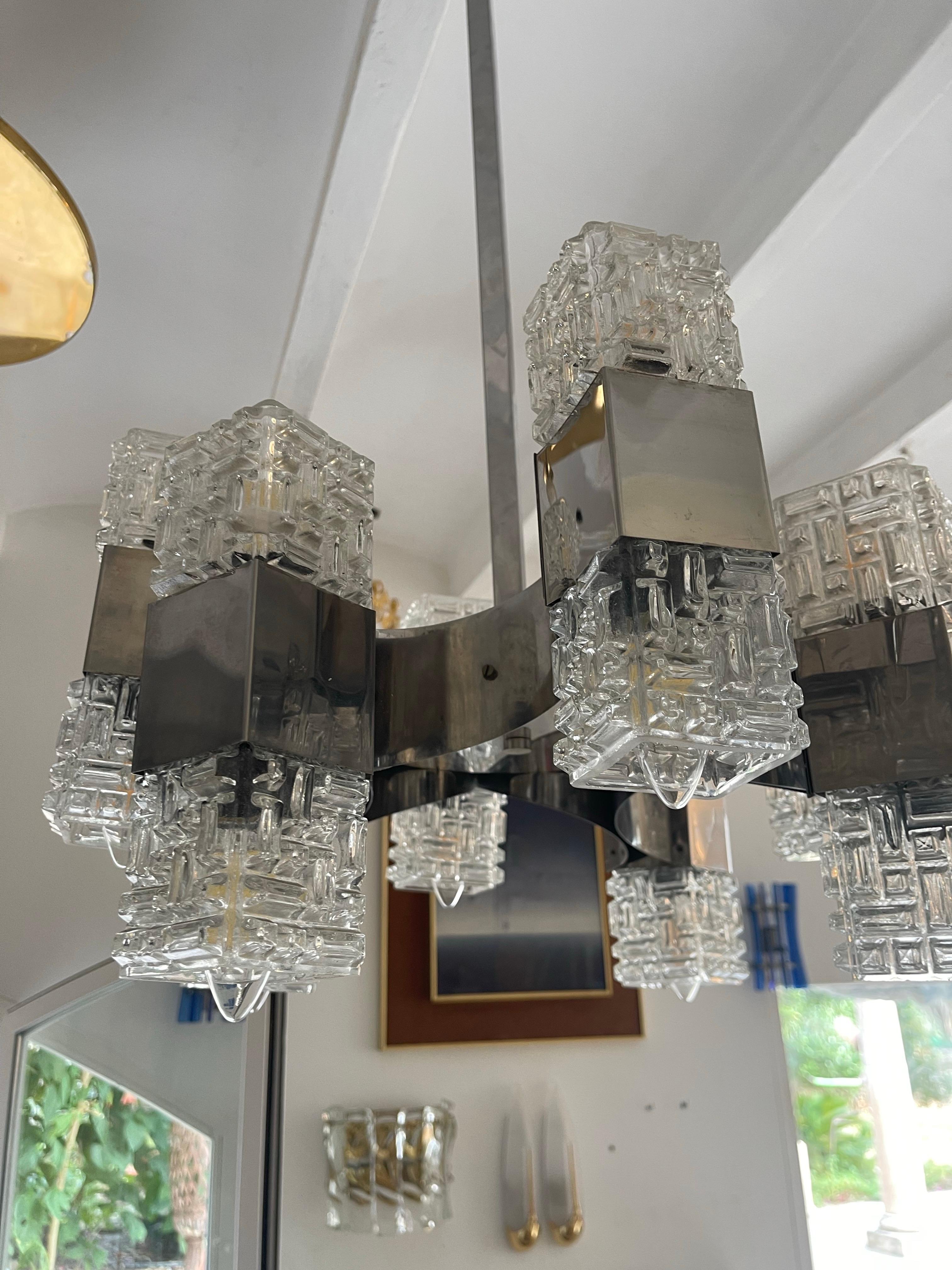 Gaetano Sciolari chandelier 16 lights glass with chrome structure, Italy 1960s Italiano en venta