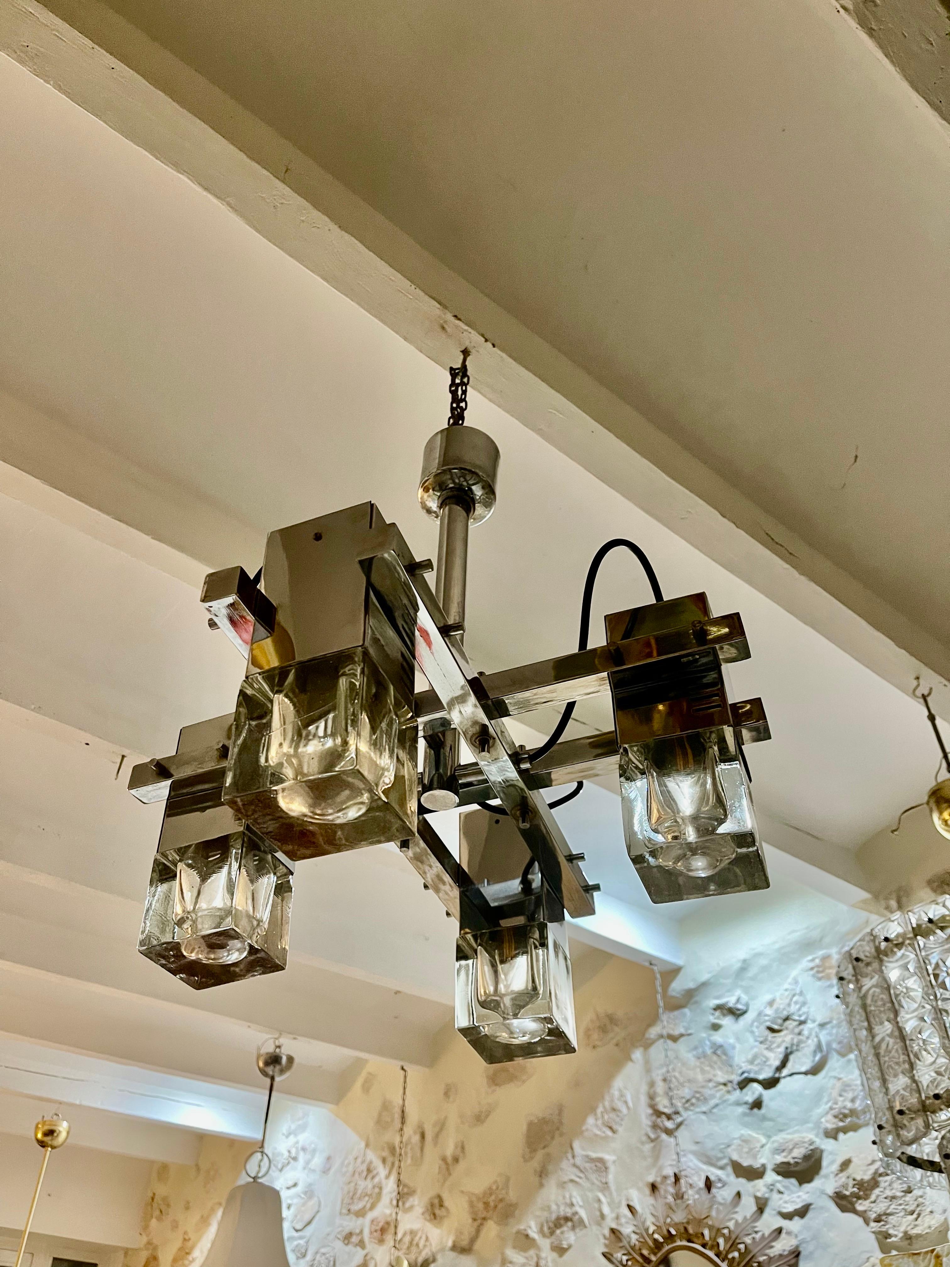 Gaetano Sciolari Chandelier Glass Murano with Chrome, Italy, 1970 In Good Condition For Sale In La xara, VC