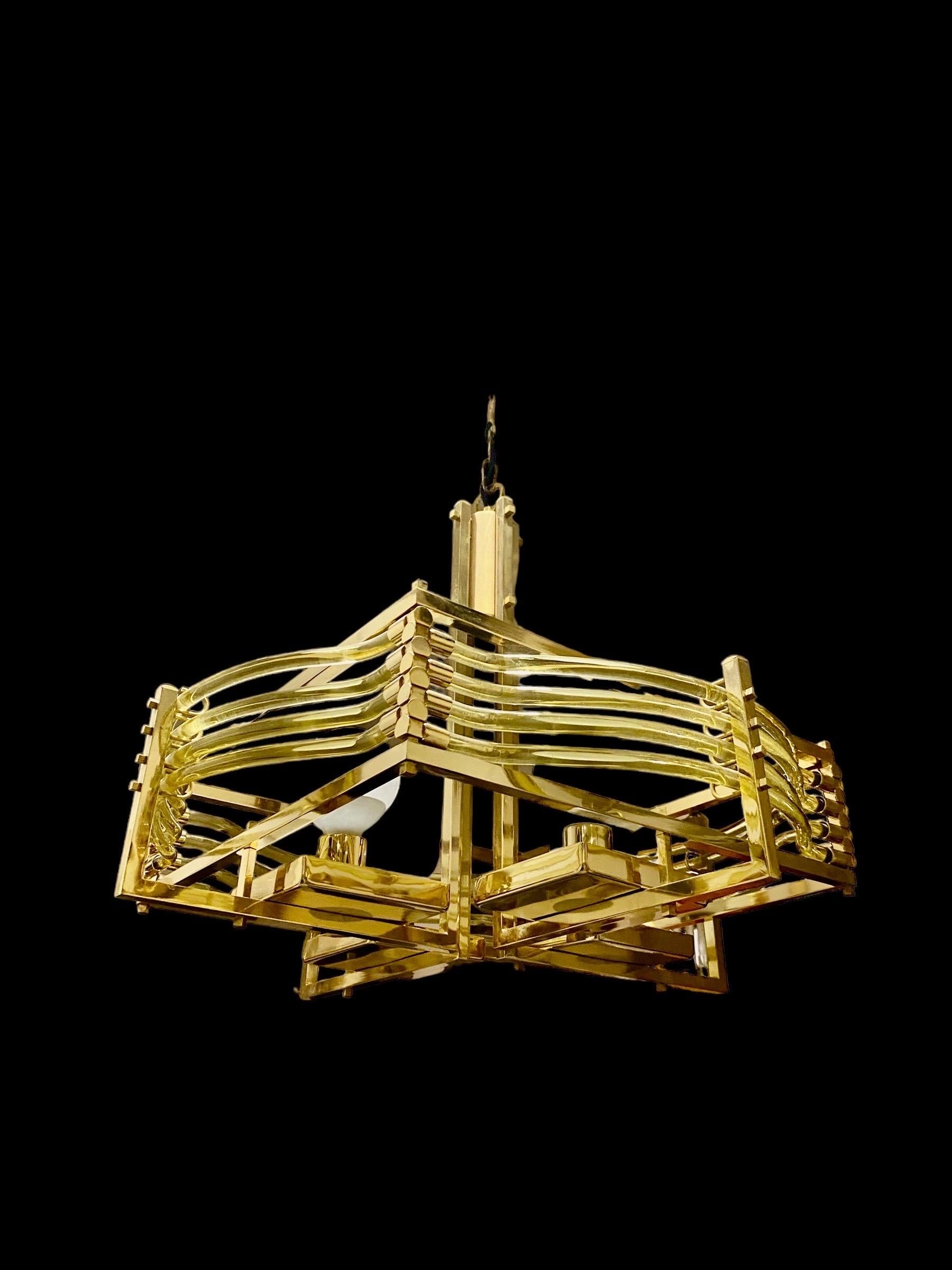 Gaetano Sciolari Chandelier Glass Murano with Gold Plated Structure Model Unique 1
