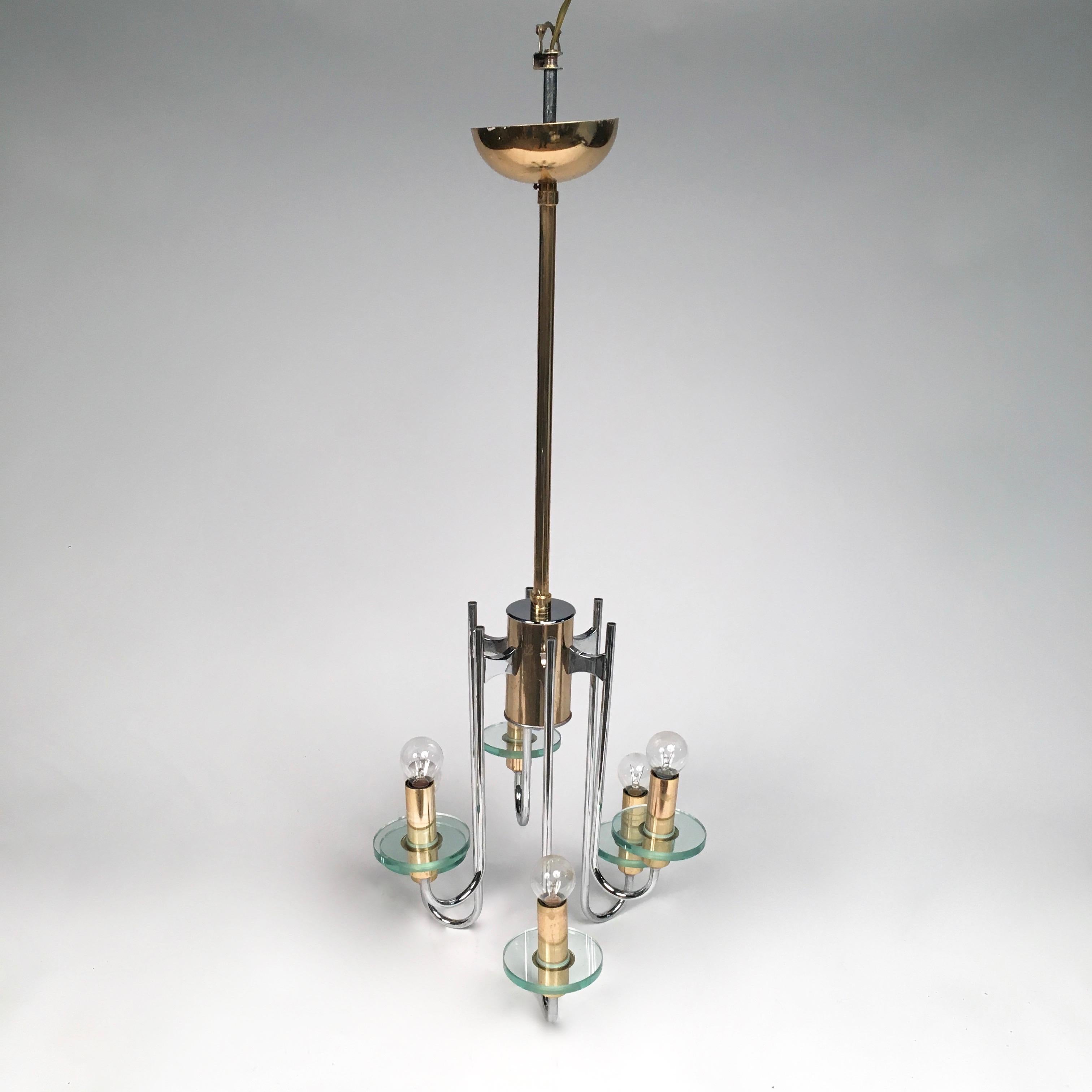 Italian Gaetano Sciolari Chandelier in Chromo, Glass and Brass Mid-Century Modern For Sale